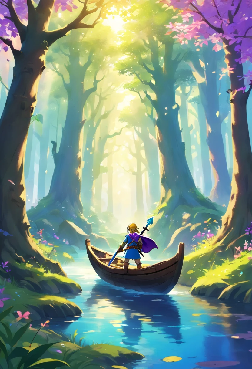 A backlit forest, filled with many trees but not much understory growth, purple light peels through the branches. there is a river in the middle that emits a light blue glow as it winds through the trees. on the river there is a small boat lit by a lantern, with a cloaked figure sitting in it