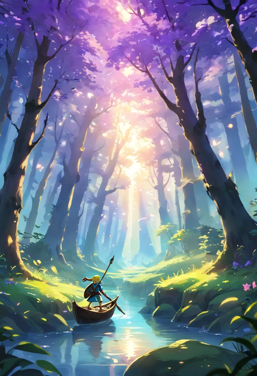 A backlit forest, filled with many trees but not much understory growth, purple light peels through the branches. there is a river in the middle that emits a light blue glow as it winds through the trees. on the river there is a small boat lit by a lantern, with a cloaked figure sitting in it