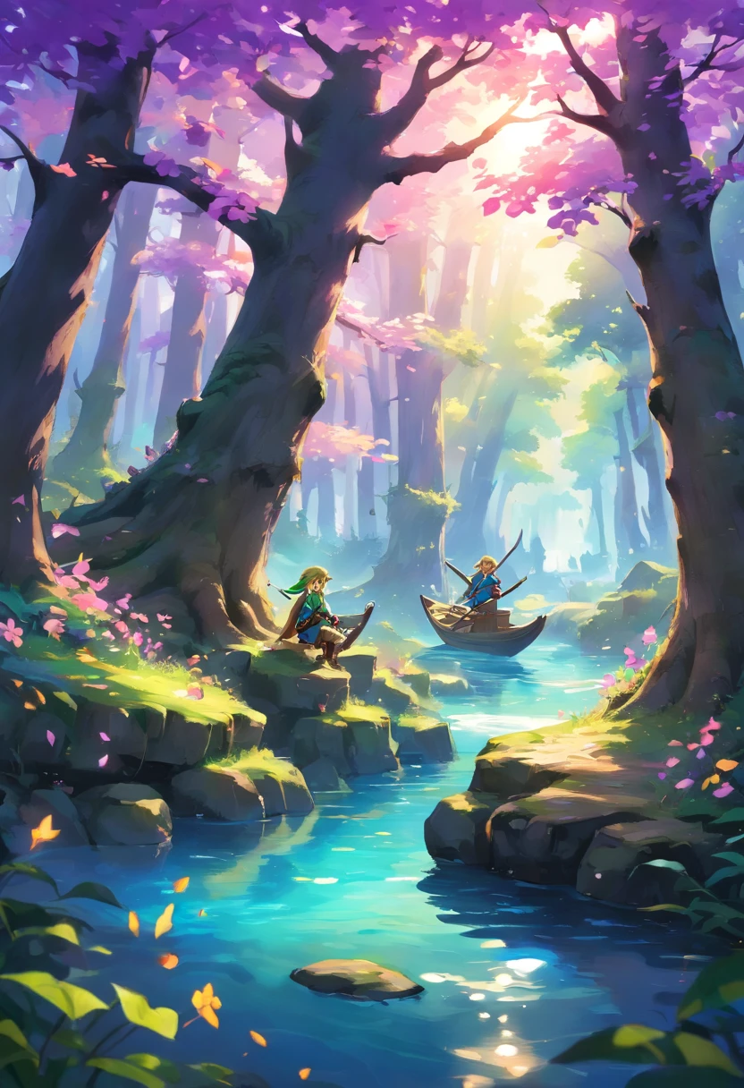 A backlit forest, filled with many trees but not much understory growth, purple light peels through the branches. there is a river in the middle that emits a light blue glow as it winds through the trees. on the river there is a small boat lit by a lantern, with a cloaked figure sitting in it