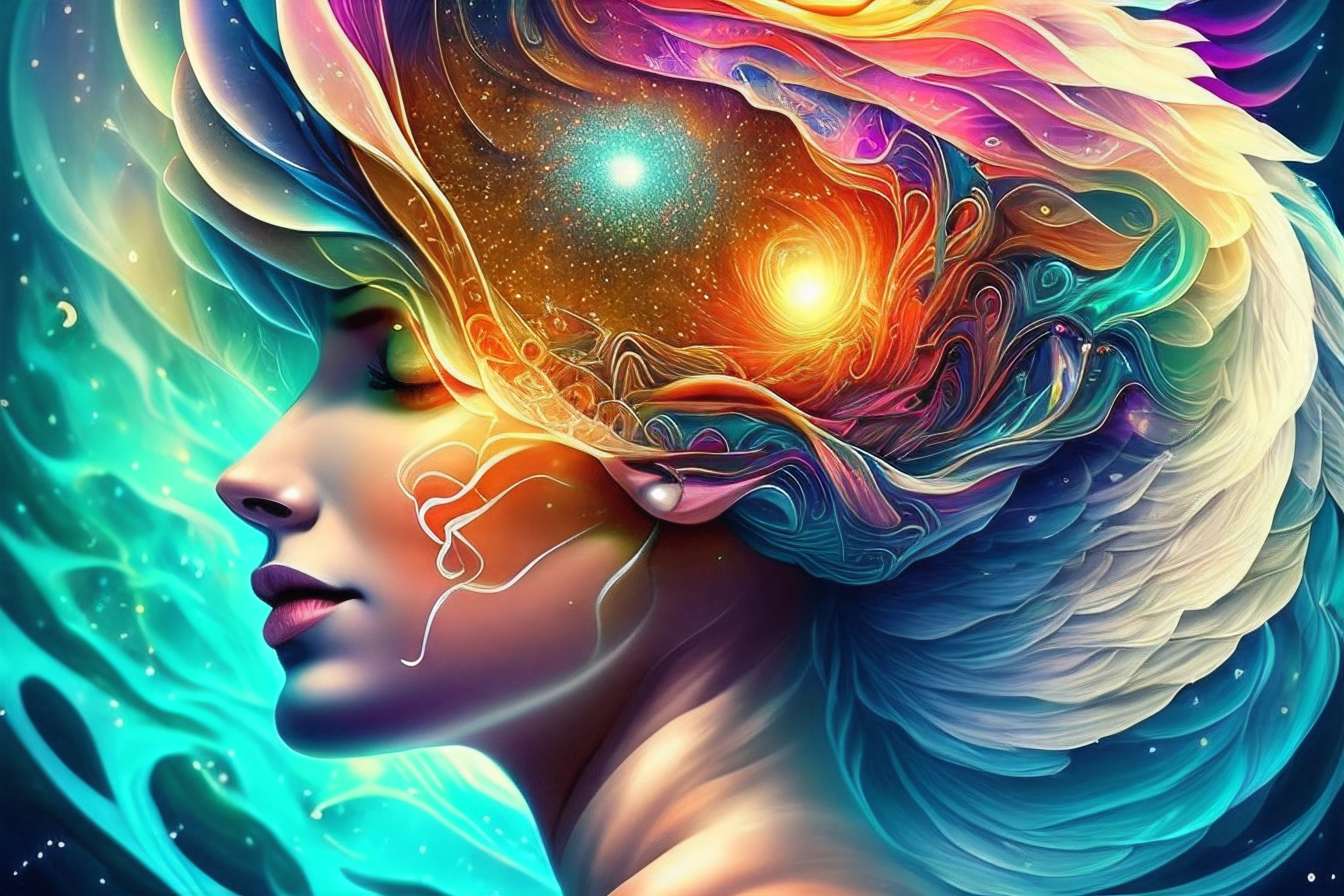Diving Into The Ether Flowing with The Eternal Soul Through Vibration of love, everything is connected, Flowing energy, Spiritual, divine, dreamlike, cosmic, concept art, mind blowing, feminine beauty, god, pineal gland, dreamlikeart