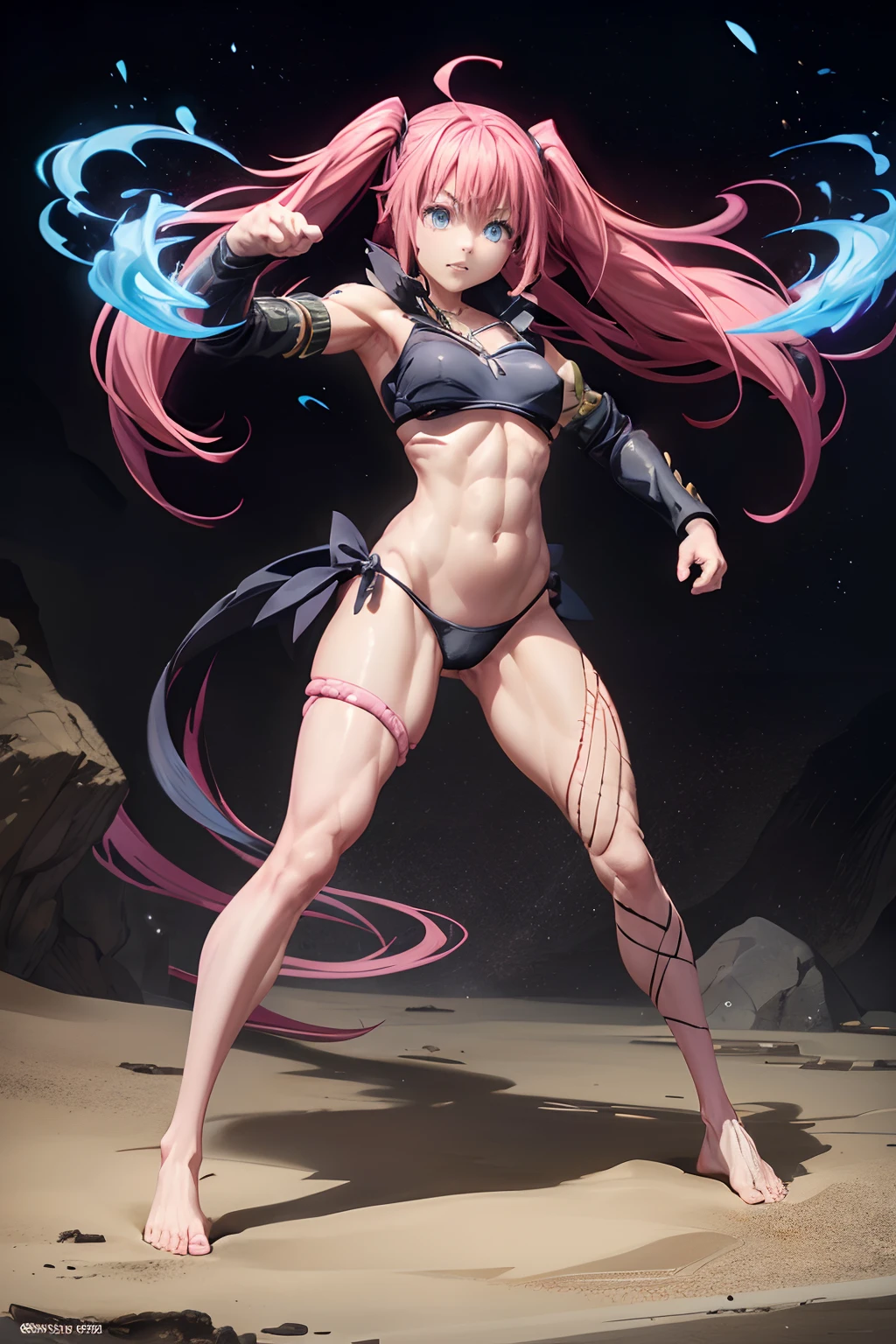 1Female, Tensei Shitara Slime Datta Ken(((Milim Nava))), Demon Lord King、Milim Nava's masterpiece body、High Quality, Armor black bikini,、Accurate Milim Face, (blue eyes,、pink hair, 、two-tailed、Proud double tails、barefoot, medium feet, ultra quality rounded toes, Ultra Detailed, rounded nails painted in black nail polish, Ultra Detailed、medium, (((full body photo))), (((muscular belly)) ), on the beach, (((Ultra-detailed and realistic muscular legs))), Ultra-Detailed Face, Perfect setting, (((Fighting stance))), punching the air