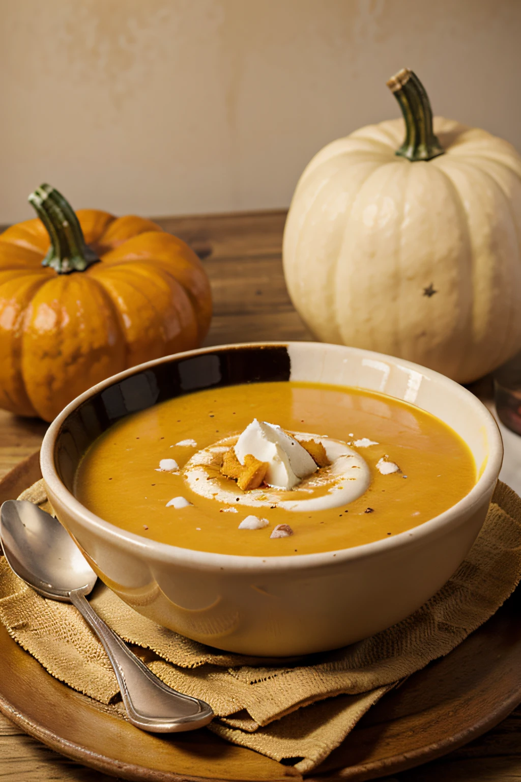 Cream of pumpkin soup with pumpkin in the background