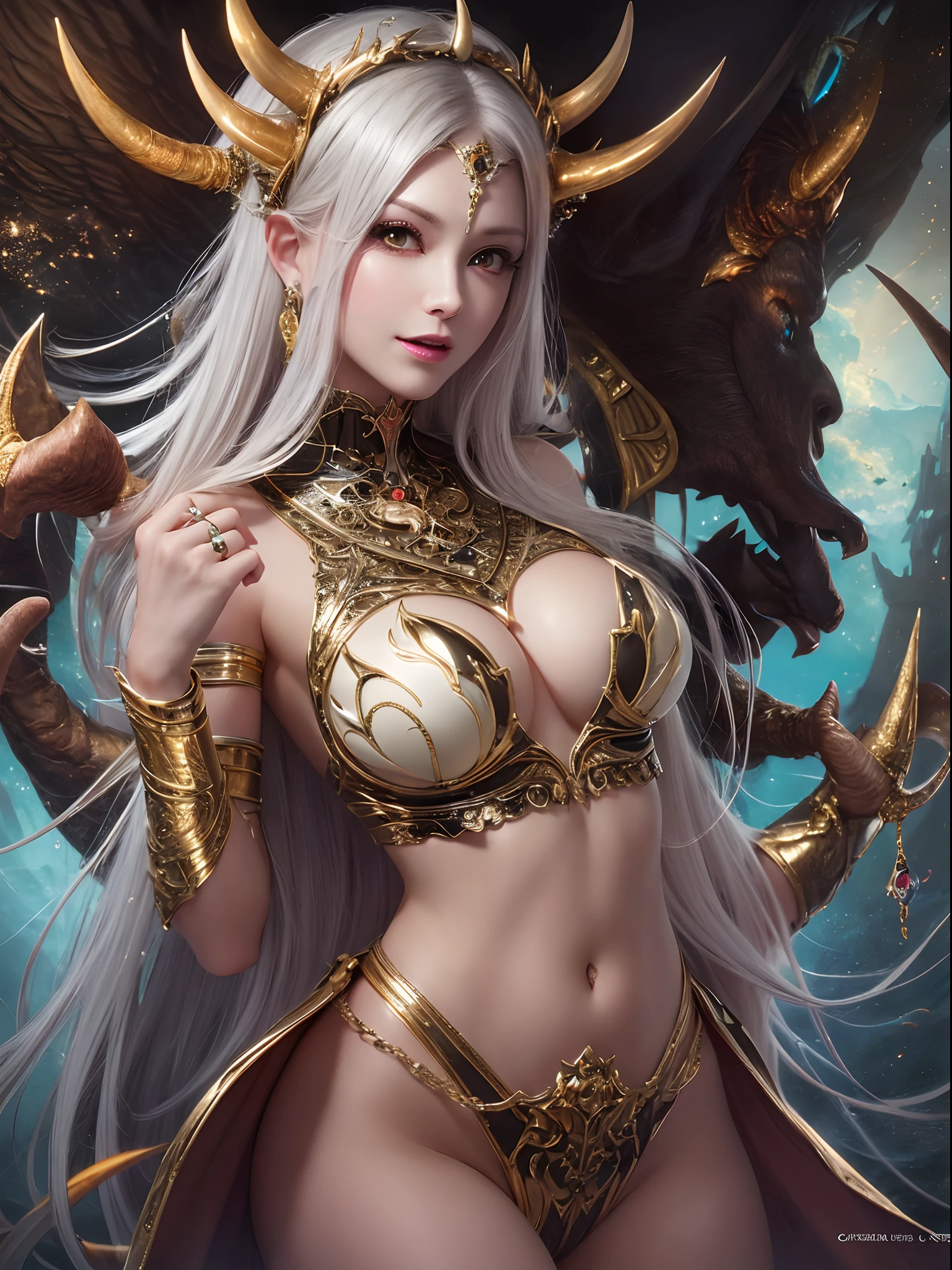 ((Finest quality)),(超A high resolution),(ultra-detailliert),(Meticulous portrayal),((Best Anime)),(Finest works of art),sharpnes,Clair, (Fantasyart:1.5), (One Devil:1.8),greed:1.5,arrogant:1.5,brutality:1.5,Confident々,Glamorous Body,cleavage of the breast:1.3,Invincible smile:1.1,thighs thighs thighs thighs:1.1,The tattoo:1.4, Backgrounds with depth,Gold and silver treasures,treasured sword,diadems,Gorgeous,chandeliers