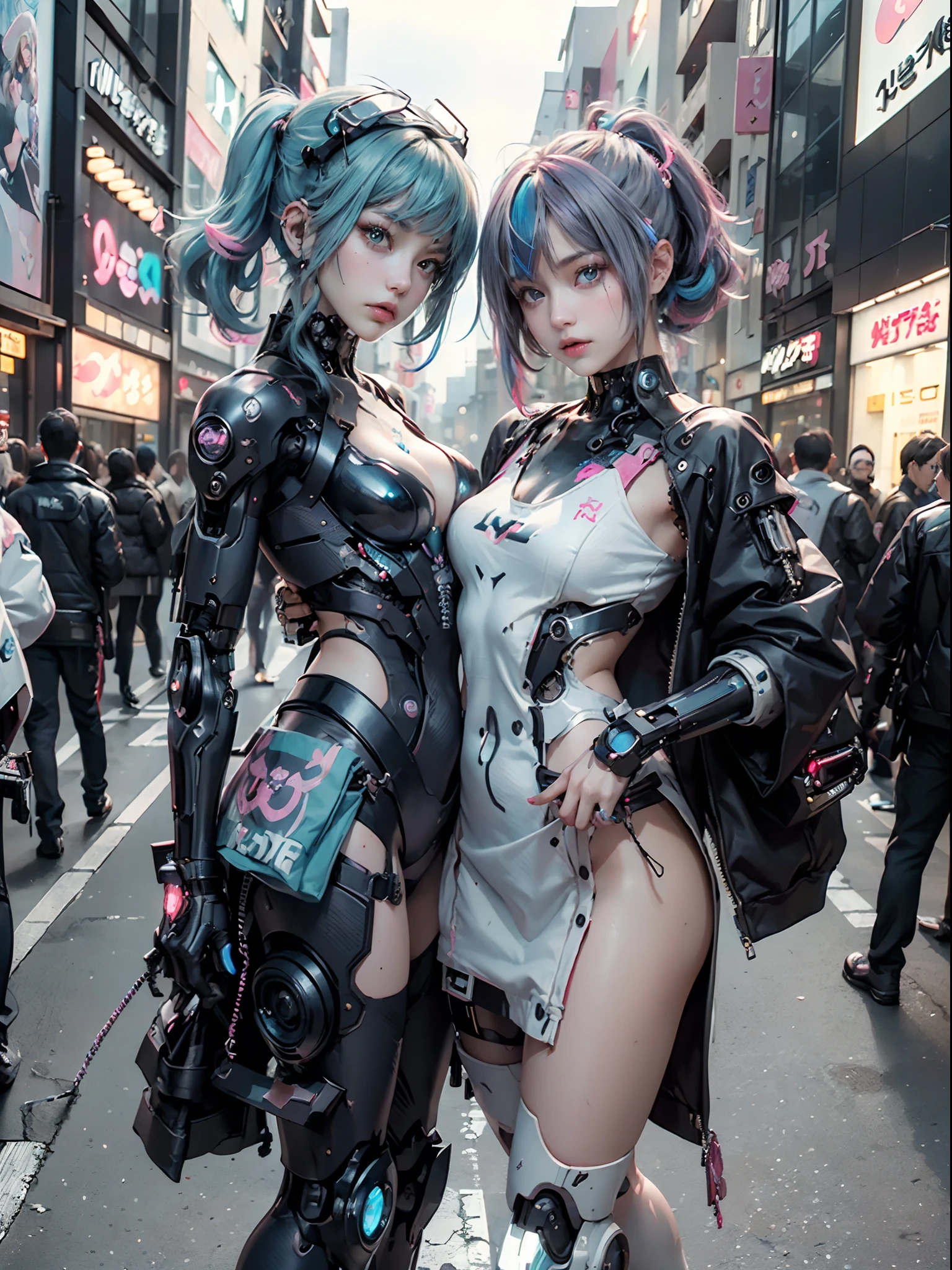 ((2 Cyberpunk girls together posing)), ((((wearing colorful Harajuku clothing)))), cute cyborg girl, beautiful white girl cyborg, wlop. scifi, oppai cyberpunk, perfect android girl, beautiful girl cyborg, perfect anime cyborg woman, smooth digital concept art, girl in mecha cyber armor, gynoid cyborg body, cyberpunk anime girl mech, cyborg girl, 