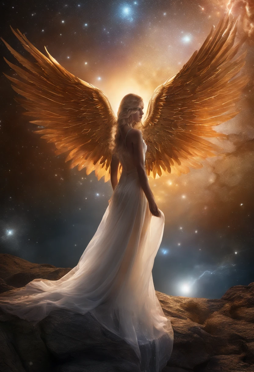 cosmic fallen angel, olhos claros brilhantes, Biomechanicals, estranho, assustador, Pesadelo, cores muito brilhantes, light particles, com luz brilhante, Mshiff, Arte do papel de parede, Papel de parede UHD