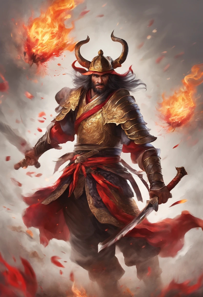 Ultra Detalhado, Imagem foto realista, batalha tensa, tense facial expression, sangue, Samurai de fogo, poderes de fogo, luta, batalha, explosion of fire, bright sparks, homem com poderes de fogo, Monstruoso, eles, Cultura Feudal Japonesa, personagem sozinho, role play game, Dungeons And Dragons