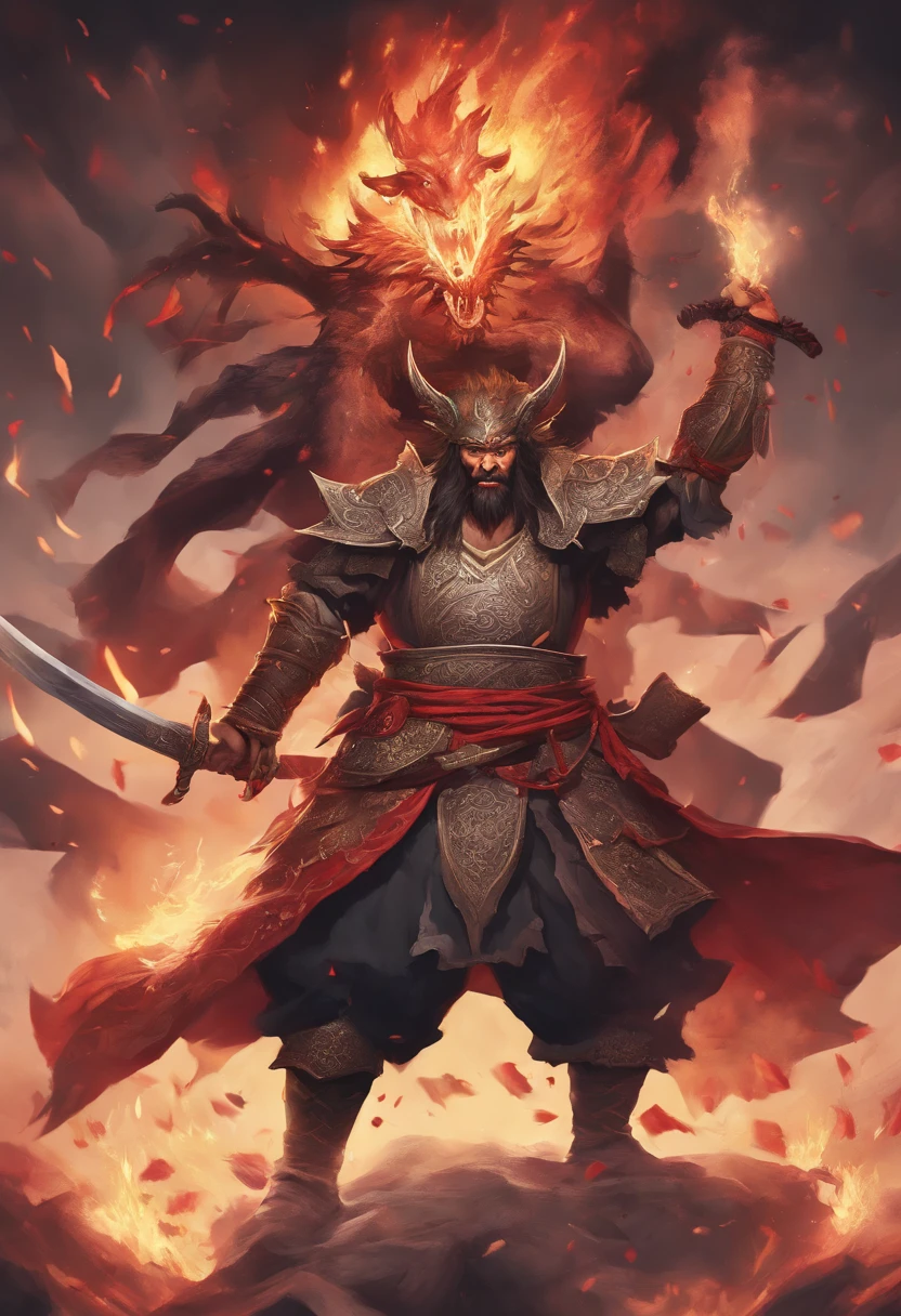 Ultra Detalhado, Imagem foto realista, batalha tensa, tense facial expression, sangue, Samurai de fogo, poderes de fogo, luta, batalha, explosion of fire, bright sparks, homem com poderes de fogo, Monstruoso, eles, Cultura Feudal Japonesa, personagem sozinho, role play game, Dungeons And Dragons