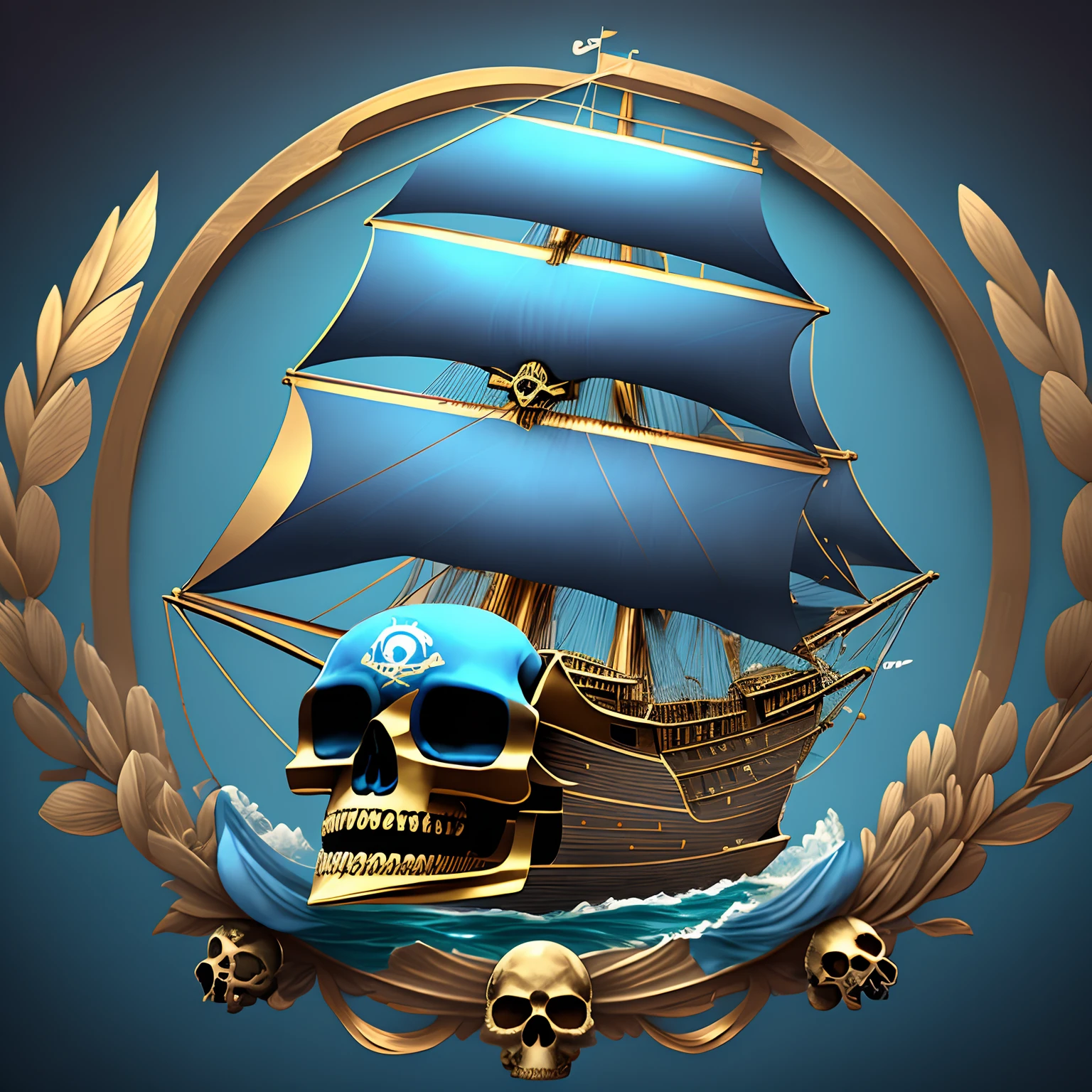 Uss constitution colorful simple logo with shades of blue and gold and include a small skull somewhere