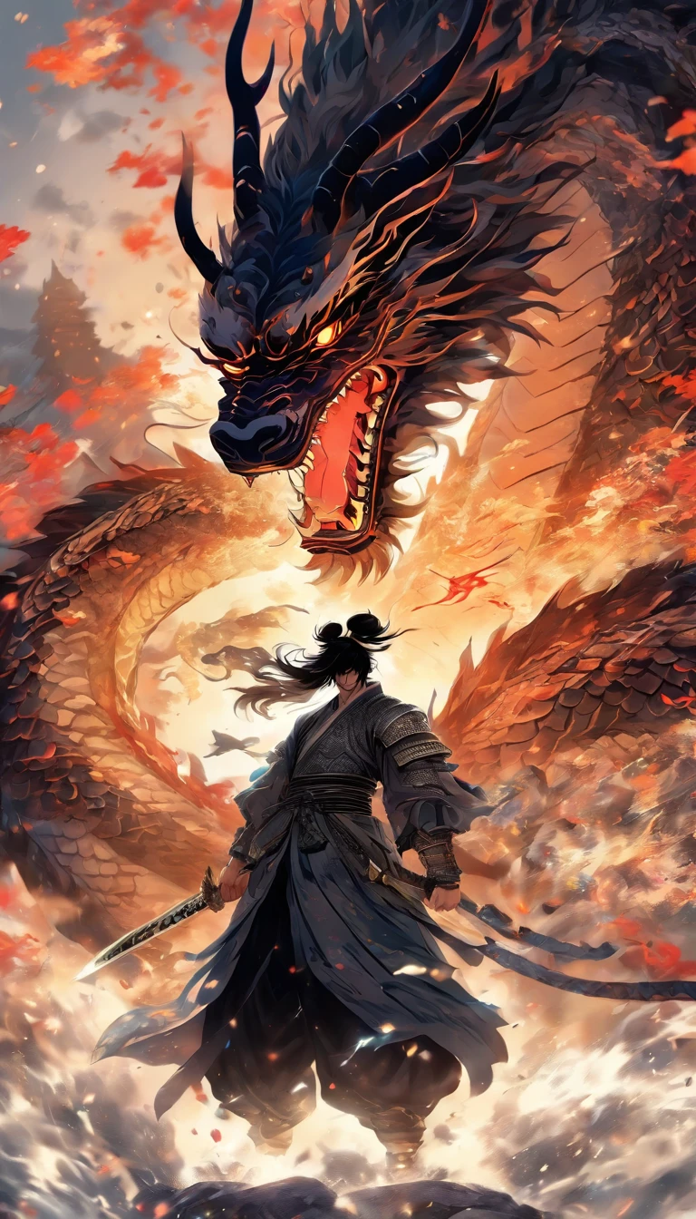 China style,中景 the scene is,The future warrior exuded a clear light all over his body, standing in front of a huge transparent and fierce black dragon,reaching out her hands,Holds a sword in his right hand, He confronts the dragon,Long messy hair,Glow effect,Hyper-realistic,Ultra photo realsisim,Chinese black and white ink style,Silver,Decolorization,Smudge,Inky,8K,super-fine,high qulity,OC renderer