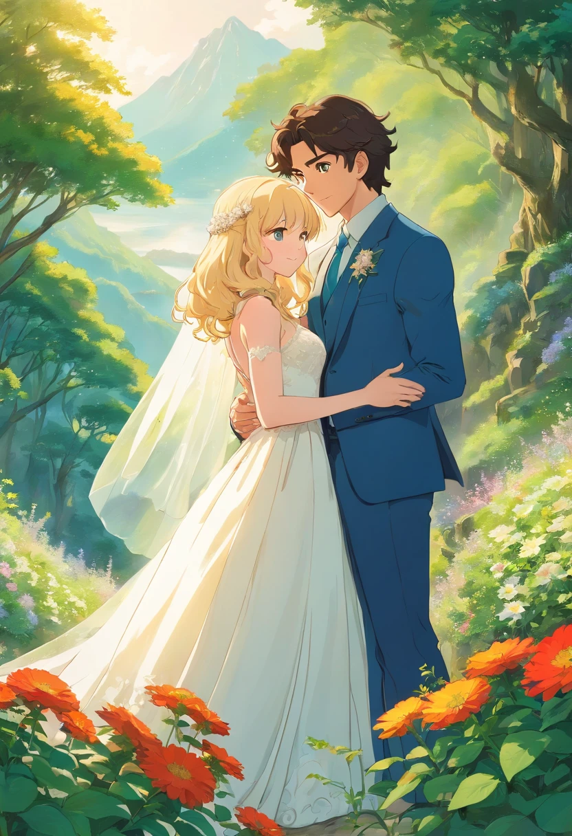 a wedding between two people: a tall blonde man with short curly hair and a shorter woman with long dark curly hair. the wedding is at a mountain top, overlooking lush green foliage and filled with flowers. the lighting is soft and bright, and the bride is wearing a vivianne westwood wedding dress. the flowers all glow.