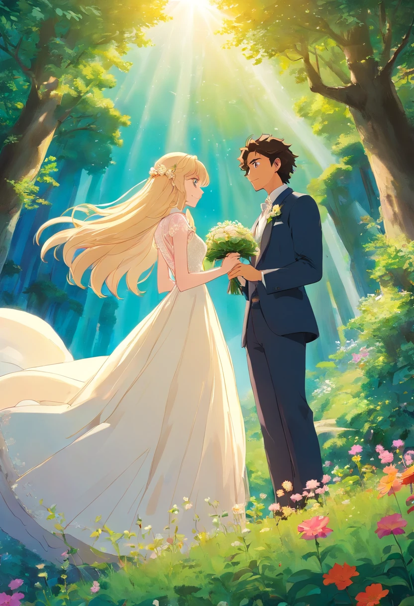 a wedding between two people: a tall blonde man with short curly hair and a shorter woman with long dark curly hair. the wedding is at a mountain top, overlooking lush green foliage and filled with flowers. the lighting is soft and bright, and the bride is wearing a vivianne westwood wedding dress. the flowers all glow.