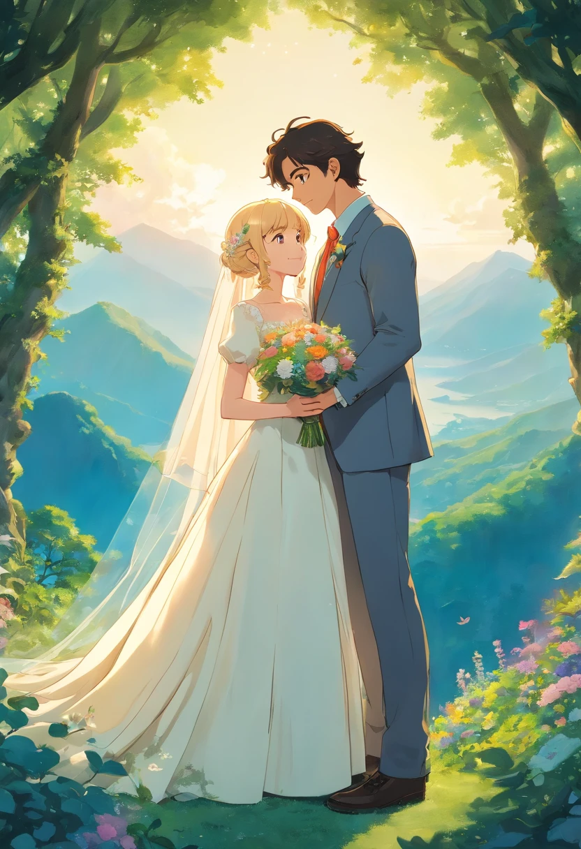 a wedding between two people: a tall blonde man with short curly hair and a shorter woman with long dark curly hair. the wedding is at a mountain top, overlooking lush green foliage and filled with flowers. the lighting is soft and bright, and the bride is wearing a vivianne westwood wedding dress. the flowers all glow.