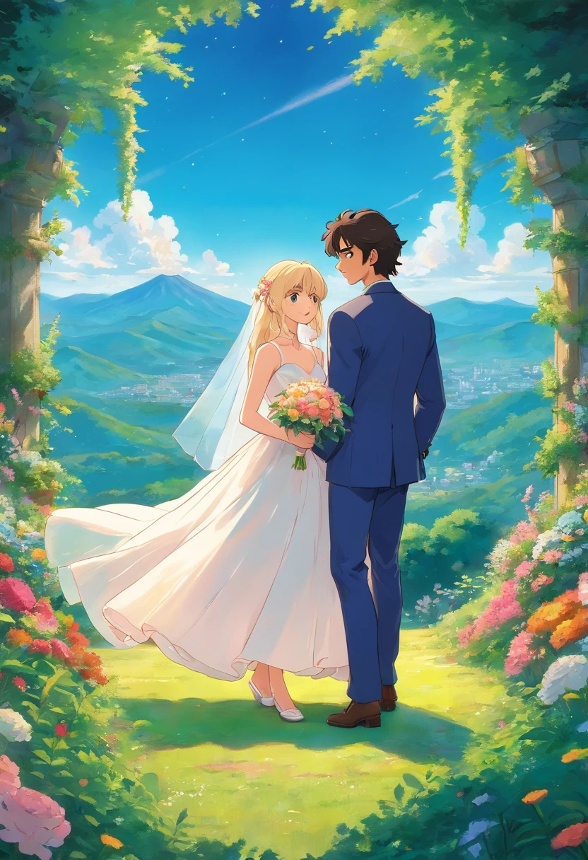 a wedding between two people: a tall blonde man with short curly hair and a shorter woman with long dark curly hair. the wedding is at a mountain top, overlooking lush green foliage and filled with flowers. the lighting is soft and bright, and the bride is wearing a vivianne westwood wedding dress. the flowers all glow.