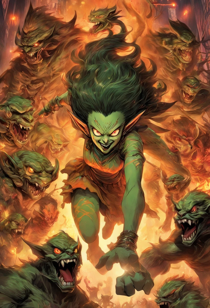 Long full body shot of a biomorphism hybrid princess fighting a gang of goblins, ornamental biomorphic headress, pale pointed ears, dog - faced muscular goblin, female elf, long elf ears, face shown, highly detailed rembrandt lighting, realistic face and body hybrid, fairy cgsociety, fairycore, anthropomorphic _ humanoid, by Junji Ito, by weta fx studio