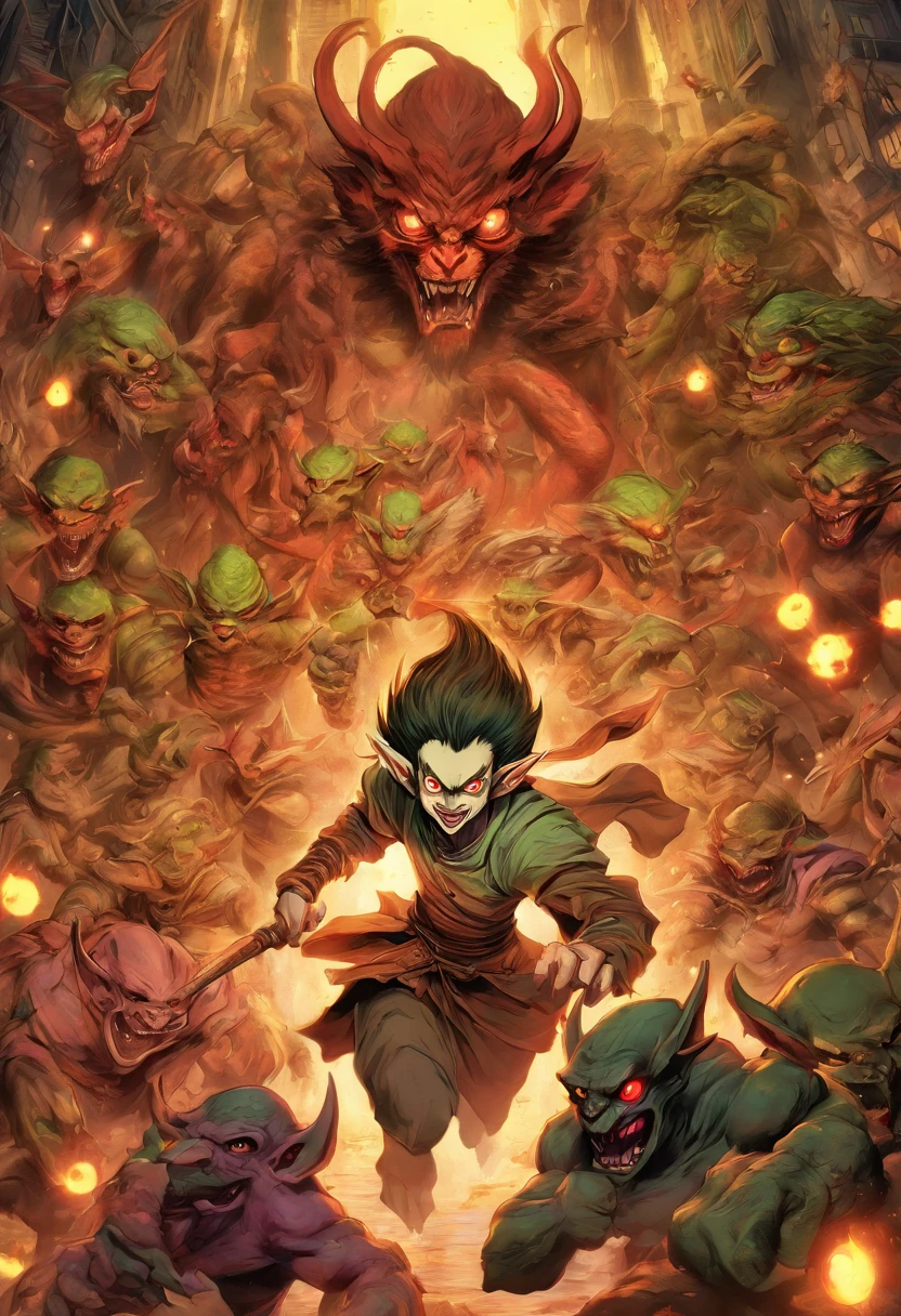 Long full body shot of a biomorphism hybrid princess fighting a gang of goblins, ornamental biomorphic headress, pale pointed ears, dog - faced muscular goblin, female elf, long elf ears, face shown, highly detailed rembrandt lighting, realistic face and body hybrid, fairy cgsociety, fairycore, anthropomorphic _ humanoid, by Junji Ito, by weta fx studio