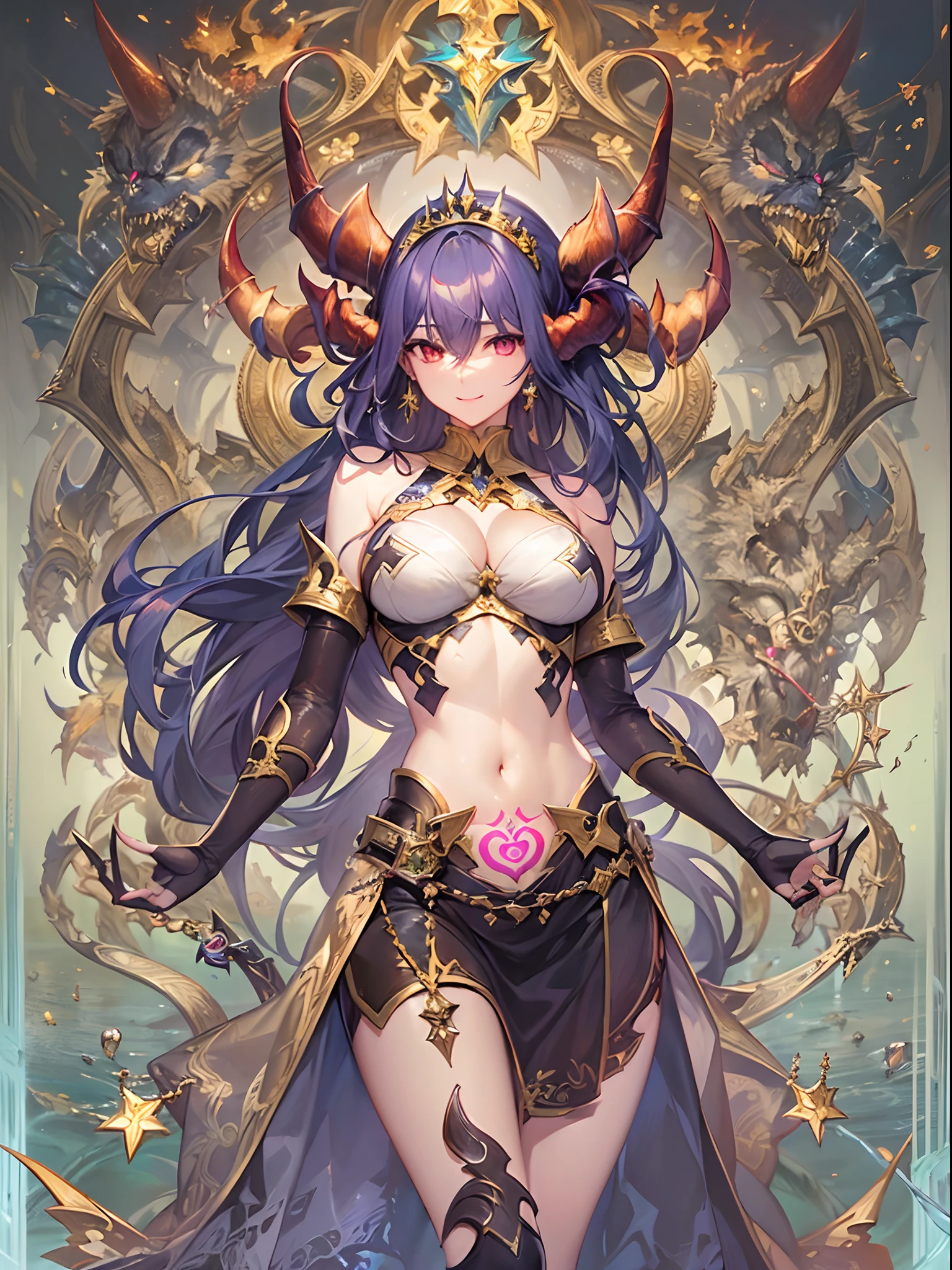 ((Finest quality)),(超A high resolution),(ultra-detailliert),(Meticulous portrayal),((Best Anime)),(Finest works of art),sharpnes,Clair, (Fantasyart:1.5), (One Devil:1.8),greed:1.5,arrogant:1.5,brutality:1.5,Confident々,Glamorous Body,cleavage of the breast:1.3,Invincible smile:1.1,thighs thighs thighs thighs:1.1,The tattoo:1.4, Backgrounds with depth,Gold and silver treasures,treasured sword,diadems,Gorgeous,chandeliers