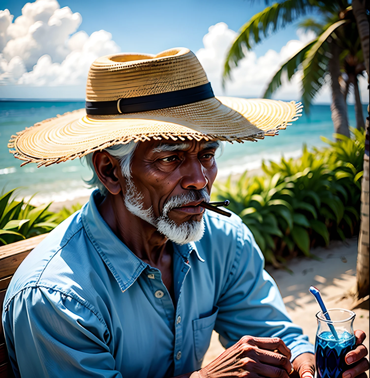 Old black man wearing light blue and white plaid shirt straw hat on head smoking pipe, sentado no tronco na praia