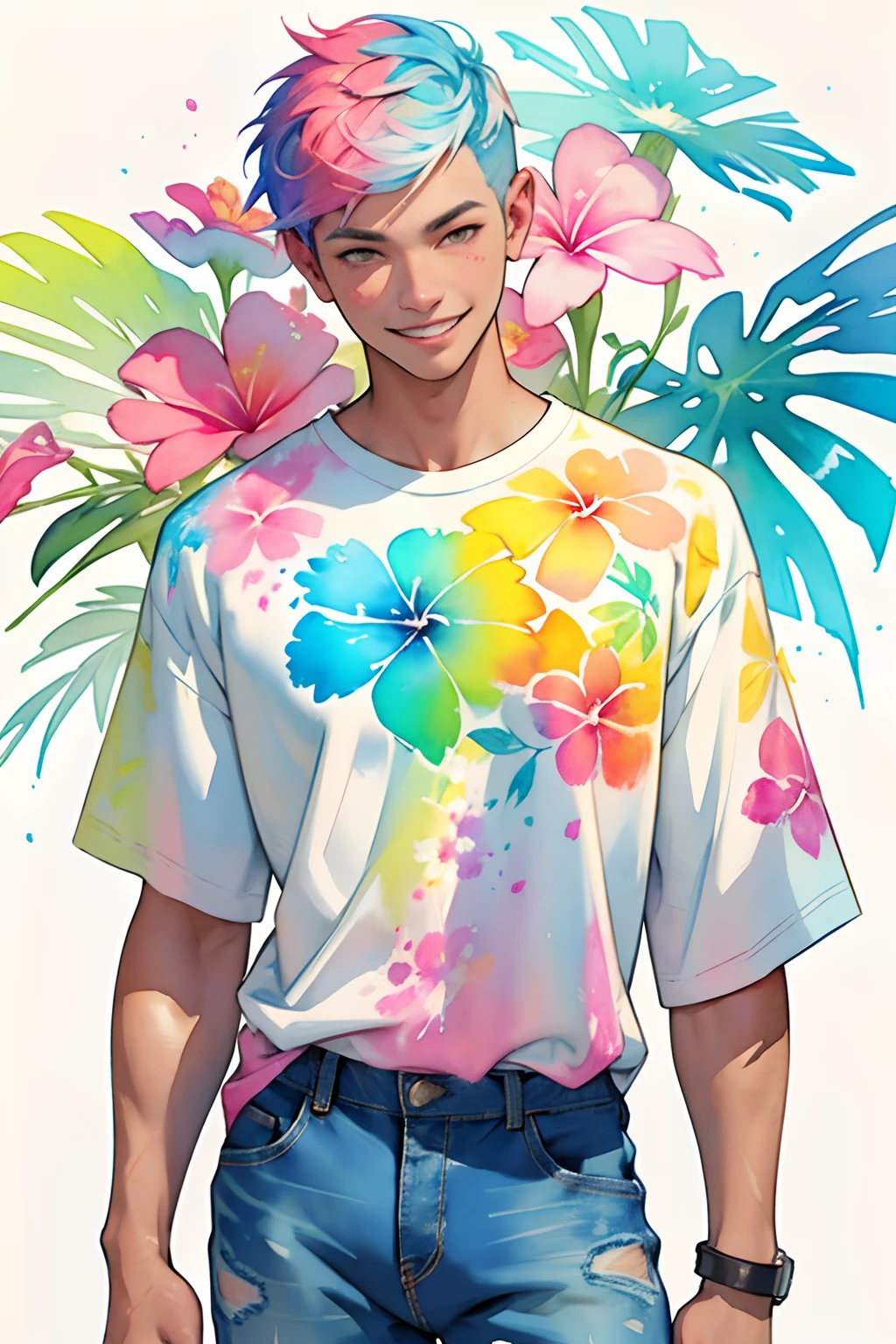 a Plumeria painting with a splatter background and spray paint effect, plumeria flower design t-shirt and jeans, man upper body centered, multi-color hair, big happy smile, watercolor art, watercolor painting, watercolor painting style, watercolor detailed art, watercolor digital painting, watercolor paint, masterfully detailed watercolor, watercolor art, Greg Rutkowski
