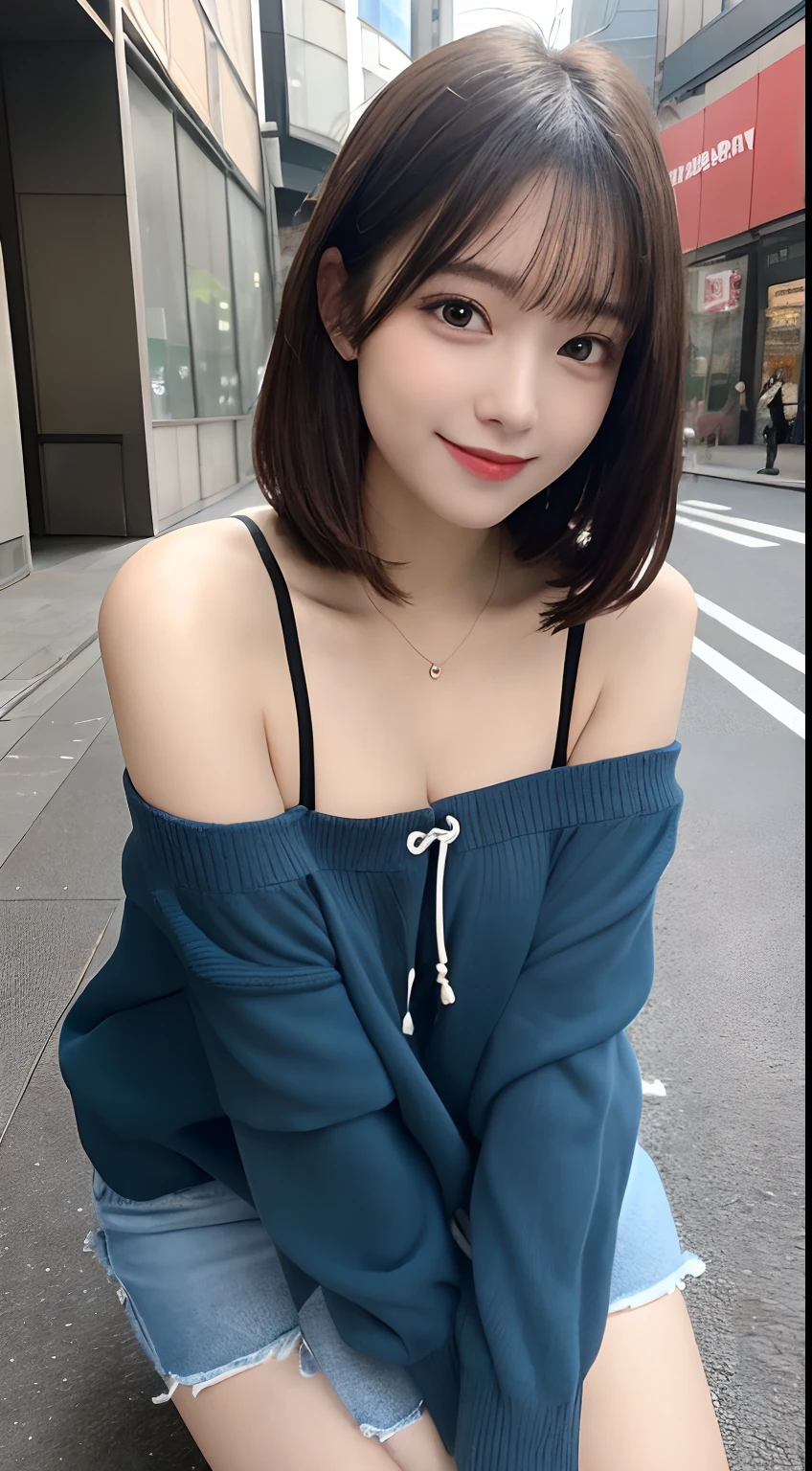 hight resolution, top-quality, Perfect dynamic composition, Beautiful detailed eyes, off shoulders、Radiant hair、Medium Hair, Natural Color Lip, college aged、Harajuku、A slight smil、Crouched figure、M-shaped legs