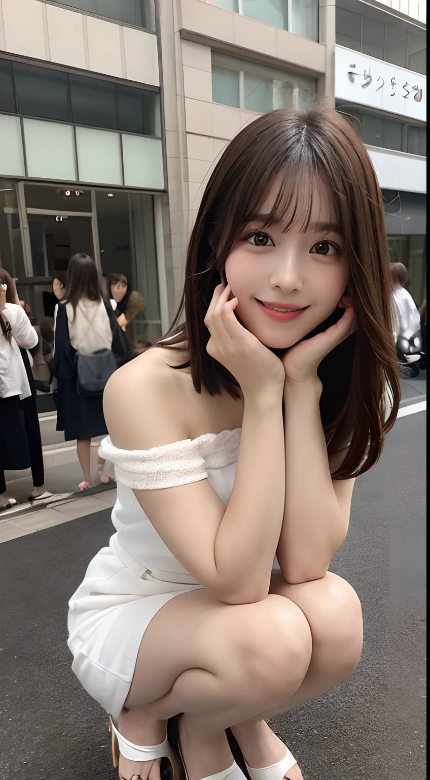 hight resolution, top-quality, Perfect dynamic composition, Beautiful detailed eyes, off shoulders、Radiant hair、Medium Hair, Natural Color Lip, college aged、Harajuku、A slight smil、Crouched figure、M-shaped legs