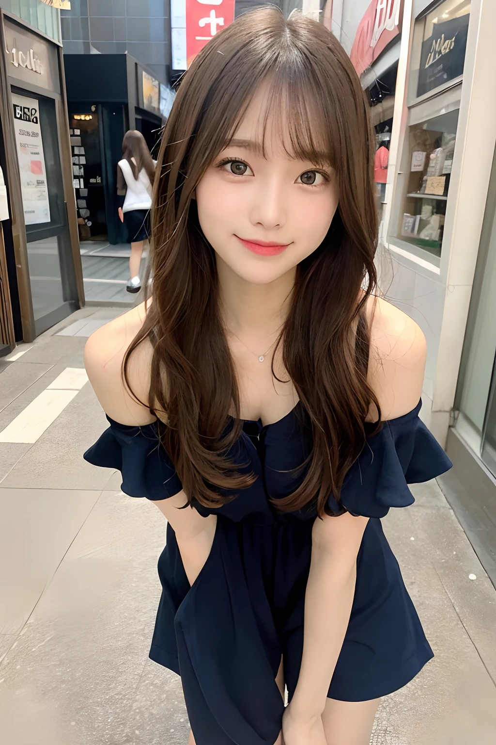 hight resolution, top-quality, Perfect dynamic composition, Beautiful detailed eyes, off shoulders、Radiant hair、Medium Hair, Natural Color Lip, college aged、Harajuku、A slight smil、Crouched figure、M-shaped legs