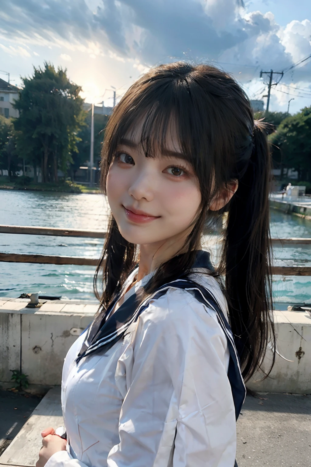 top-quality、8K、hight resolution、Perfect litthing、masterpiece、realisitic、Twin Tails 2.0、high-school uniform,hi-school girl、Frugal background、nighttime scene、cowboy shot、Under the scorching sun、A smile、Colossal tits