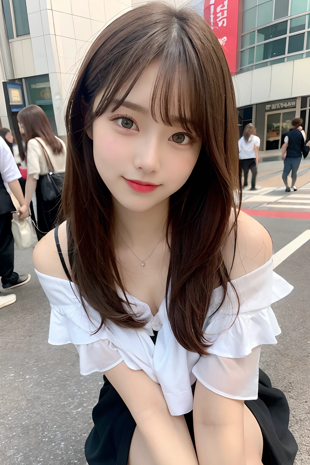 hight resolution, top-quality, Perfect dynamic composition, Beautiful detailed eyes, off shoulders、Radiant hair、Medium Hair, Natural Color Lip, college aged、Harajuku、A slight smil、Crouched figure、M-shaped legs