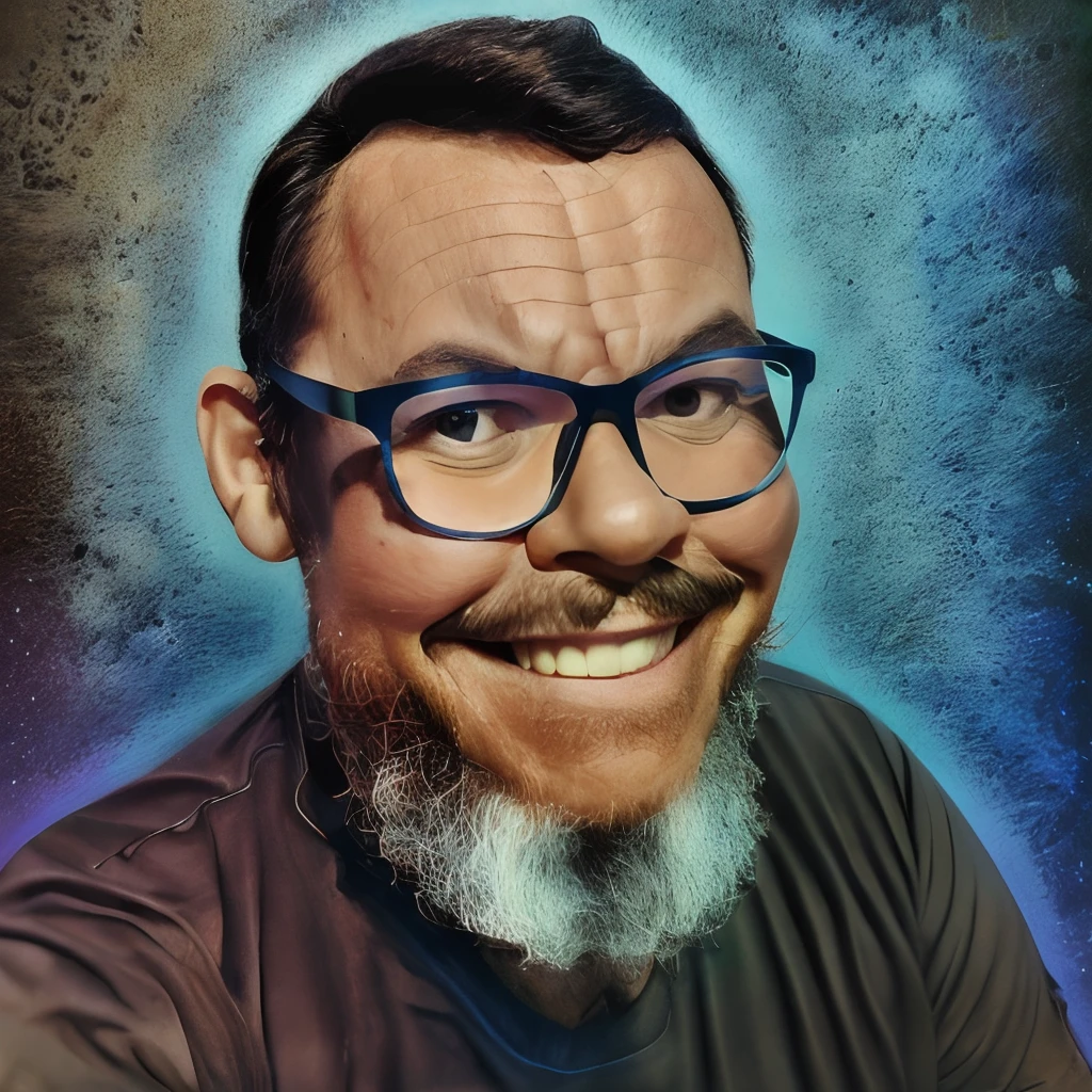 guttojugg1, (((pixar 3d stile))), Portrait of a muscular, bearded, bespectacled guy with a discreet and friendly smile in a black t-shirt, intricate details, a rock guitar print on the shirt, with a torn edge, creating a stylish and sharp focus. The photo is credited to Greg Rutkowski and uses soft lighting with vibrant colors, making it a masterpiece. The background resembles a star wars movie, focusing on the face with a detailed view with 1.2x zoom.