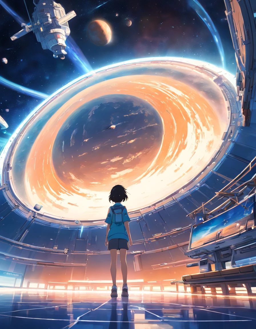 circular round space station , flying in the deep space, wonder planets, horizon, masterpiece, highly detailed, trending in the art station
