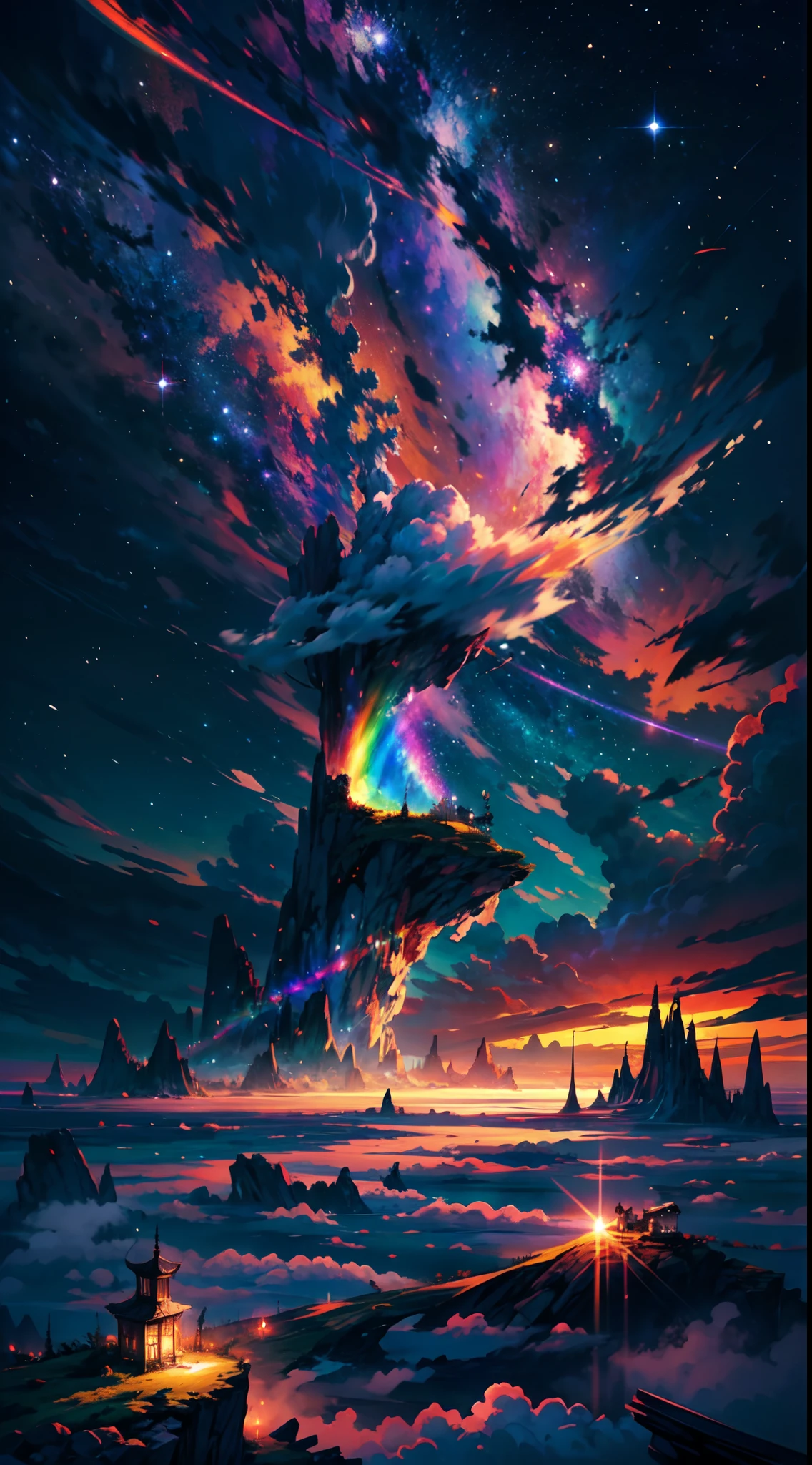 The image depicts a breathtaking otherworldly scenery that is nothing short of magical. It appears to be taken from high above the clouds, as the viewer is presented with a stunning panoramic view of the vast expanse of the sky. The stars twinkle and glimmer, creating a mesmerizing spectacle that is truly awe-inspiring. A colorful rainbow is also visible in the distance, adding a pop of vibrant hues to the otherwise serene and tranquil atmosphere. The sun shines brightly, casting a warm and welcoming glow over the entire scene. Overall, this image is a symphony of colors, light, and beauty that transports the viewer to another world entirely.
