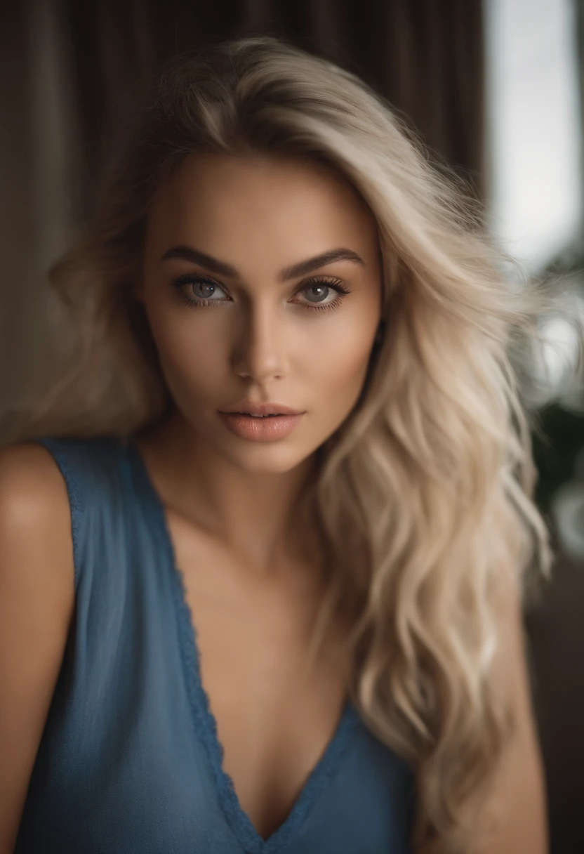 oman with matching tank top and panties, fille sexy aux yeux bleus, Portrait Sophie Mudd, Portrait de club, cheveux blonds et grands yeux, selfie of a young woman, ohne Maquillage, maquillage naturel, Look directly into the camera, Visage avec Artgram, dezentes Maquillage, Superbe photo du corps entier, dans la chambre, gros seins, Blonde, Latin
