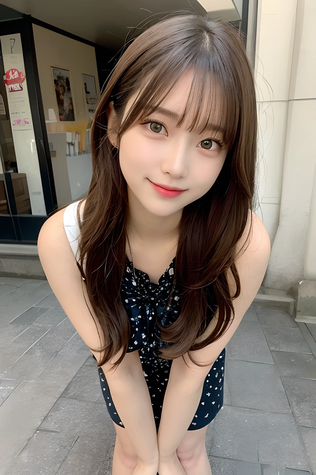 High resolution, highest quality, perfect dynamic composition, beautiful and fine eyes, off shoulder、shining hair、medium hair, natural color lip, university student、Harajuku、slight smile、Crouched figure、M-shaped legs
