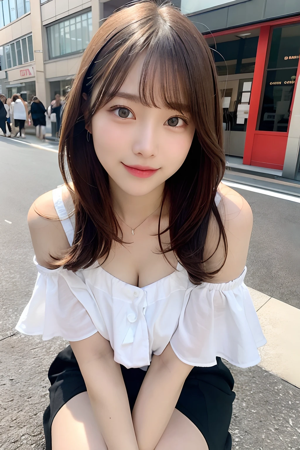 masutepiece, Best Quality, Illustration, Ultra-detailed, finely detail, hight resolution, 8K Wallpaper, Perfect dynamic composition, Beautiful detailed eyes, (doress),Medium Hair, Same as, Natural Color Lip, Random and sexy poses, large full breasts、Smile, piercings, a necklace, Aoyama Street Walk, 20 years girl, depth of fields、full body Esbian