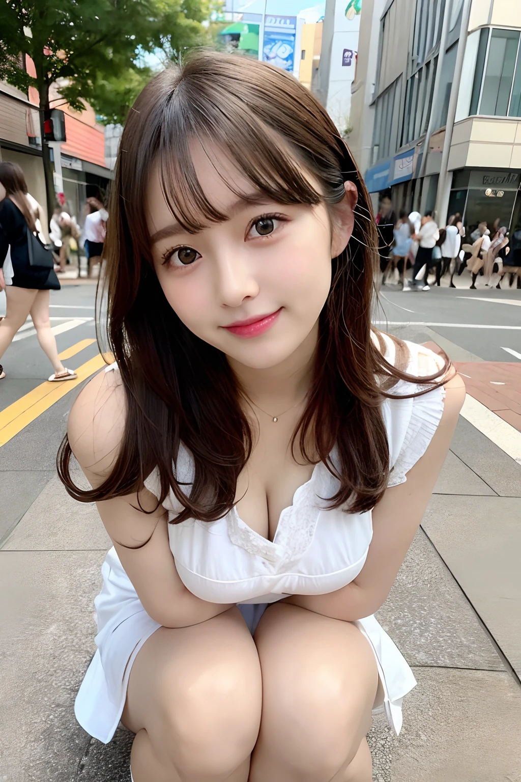 hight resolution, top-quality, Perfect dynamic composition, Beautiful detailed eyes, off shoulders、Radiant hair、Medium Hair, Natural Color Lip, college aged、Harajuku、A slight smil、Crouched figure、M-shaped legs