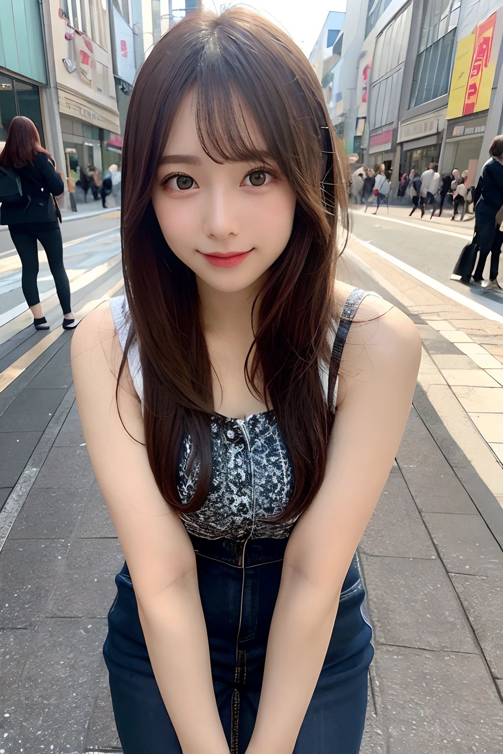 hight resolution, top-quality, Perfect dynamic composition, Beautiful detailed eyes, off shoulders、Radiant hair、Medium Hair, Natural Color Lip, college aged、Harajuku、A slight smil、Crouched figure、M-shaped legs、I can see panties、