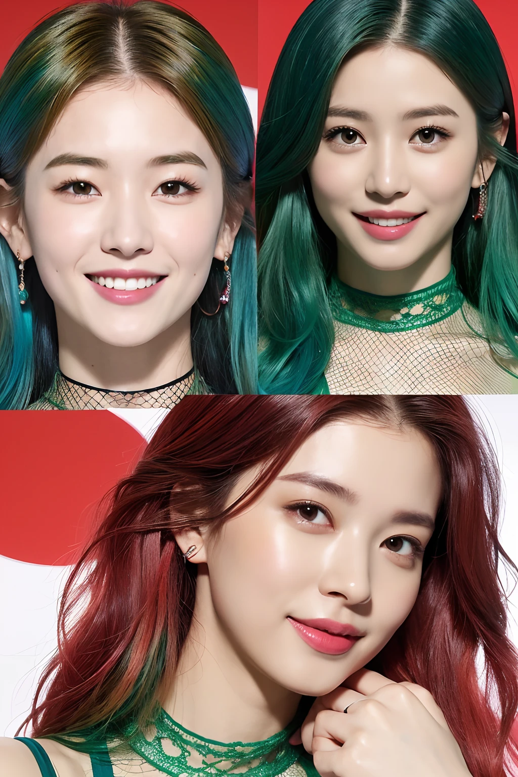 (extra detailed body、extra detailed face、best qualtiy:1.2)、femele、looking at the viewers、(Green and blue and red mesh hair color、a smile)、(Image without kaleidoscope in background）