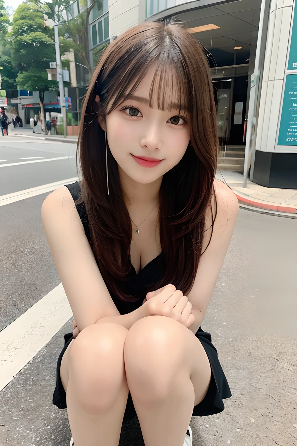hight resolution, top-quality, Perfect dynamic composition, Beautiful detailed eyes, off shoulders、Radiant hair、Medium Hair, Natural Color Lip, college aged、Harajuku、A slight smil、Crouched figure、M-shaped legs