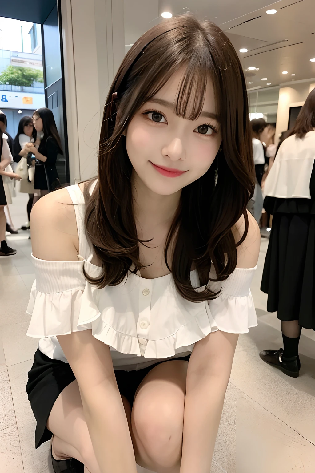 hight resolution, top-quality, Perfect dynamic composition, Beautiful detailed eyes, off shoulders、Radiant hair、Medium Hair, Natural Color Lip, college aged、Harajuku、A slight smil、Crouched figure、M-shaped legs