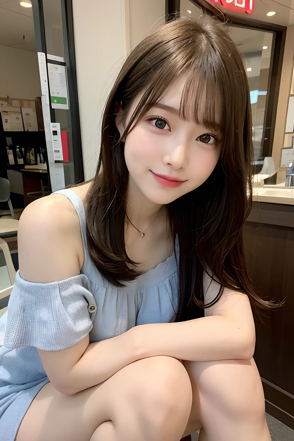 A beautiful Japanese shy girl, age 18 years old, brown hair, brown big eyes, shiny lip, shiny hair, ecstatic expression, wearing sleeveless front button white blouse, The background is very blurry, in front of huge window with white curtain, wearing neckless, back light shine in,