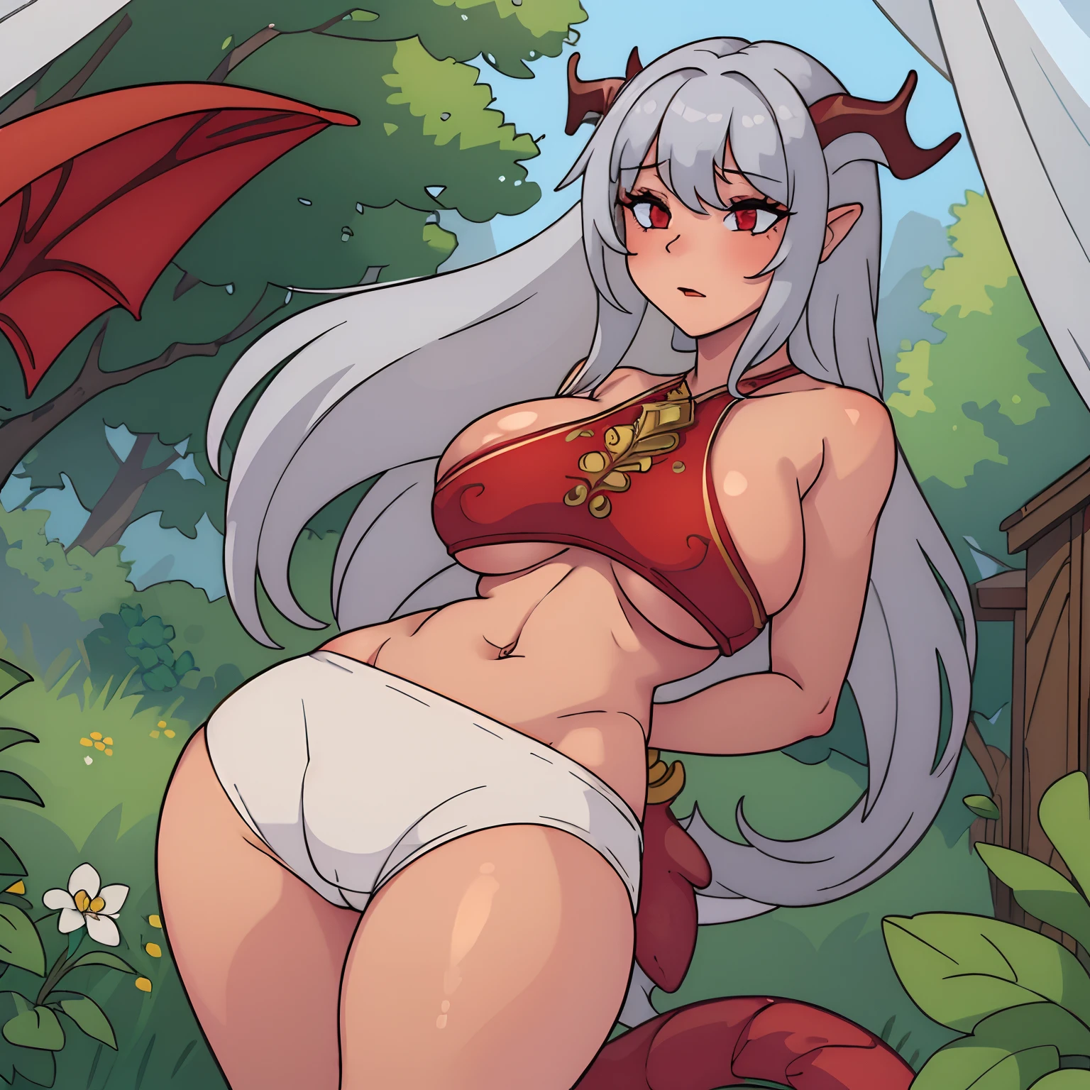 masterpiece, best quality, high_resolution, finely detailed, extremely detailed and beautiful, distinct_image, 1 girl, solo, from below, silver hair, red eyes, dragon horns, (huge breasts), (underboob), outdoor, plants, botanical garden, dolphinshorts, arms behind back