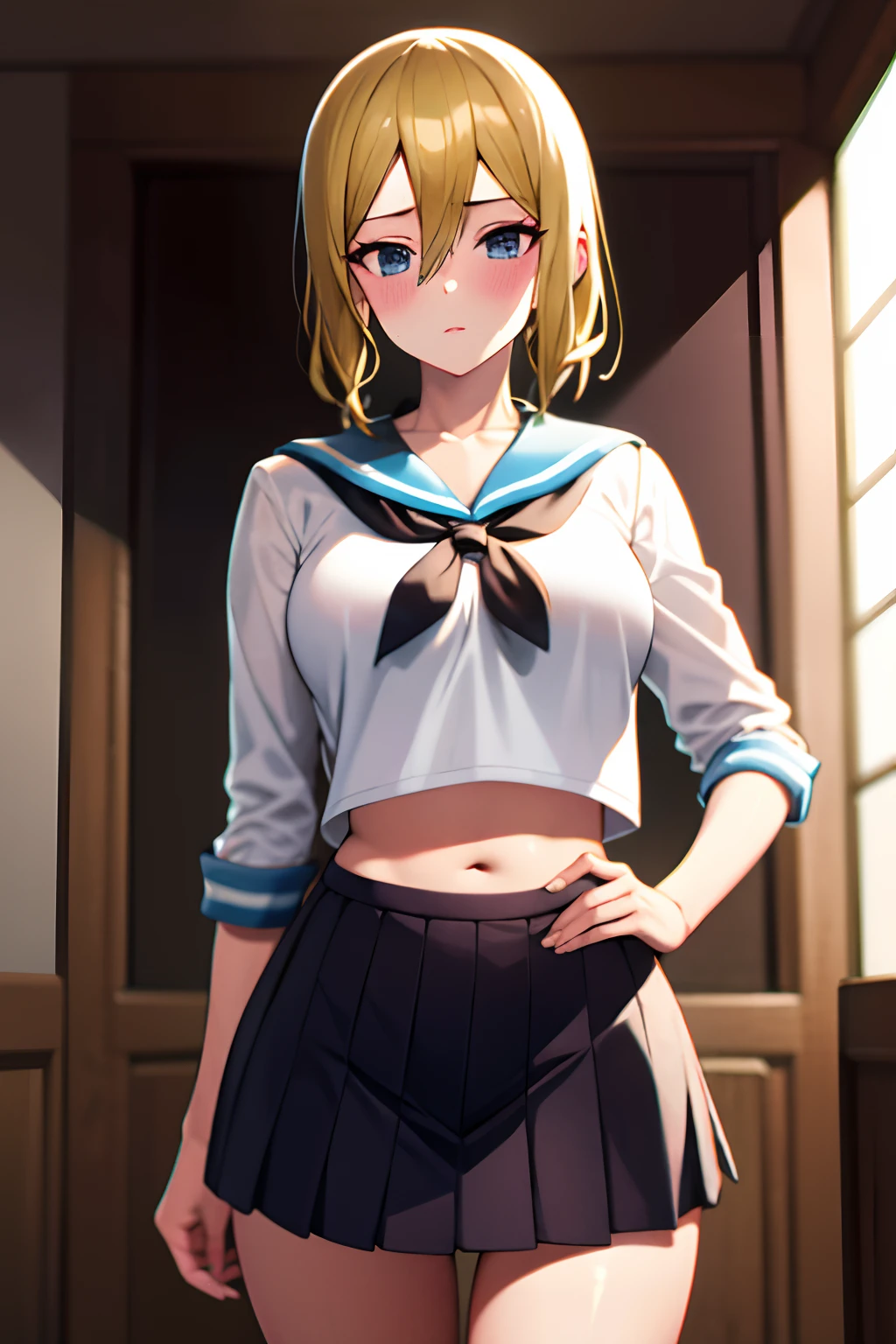 Ai Hayasaka, handsome girl, blonde woman, in a short sailor's shirt, in a school skirt, bellybutton, Masterpiece quality