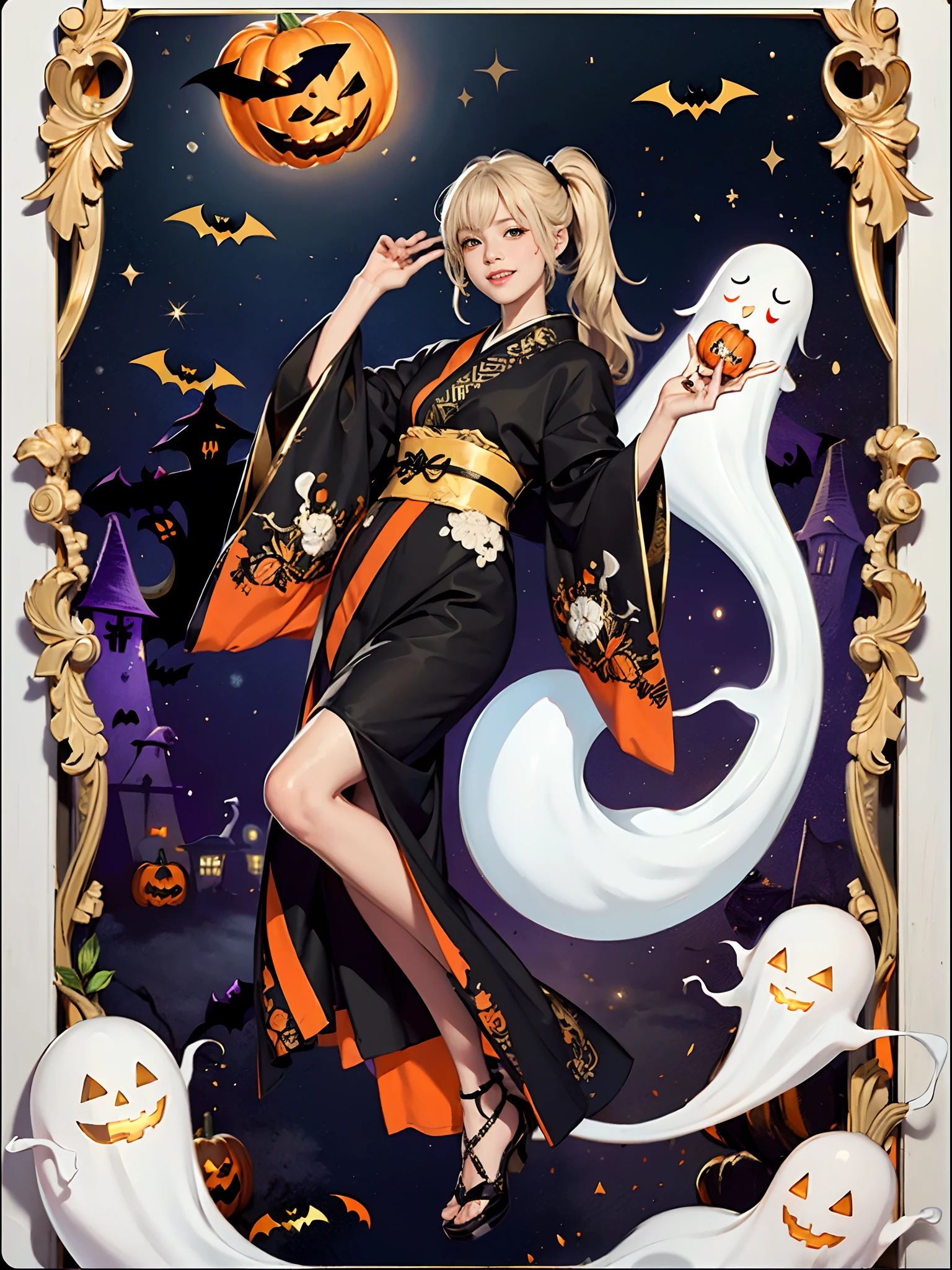 (rokoko:1.5),Background of details(halloween night:1.5)(fullmoon:1.2)(Station Square at Night(Crowds):1.5)((squash,ghost):1.5),BREAK ,elaborate costume(Luxury kimono(Black kimono(detailed embroidery(blanche,golds)))),BREAK,(1 Beautiful and classy adult woman(Shy smile(tusk):1.2)(Japanese actressl:1.2)(黒髪(poneyTail:1.2))),(eye glass(four corners:1.2)),(Have candy:1.2),BREAK,Wallpapers 16K,Blur the background,)(masutepiece,Best Quality,Portrait photos):1.5),full body Esbian