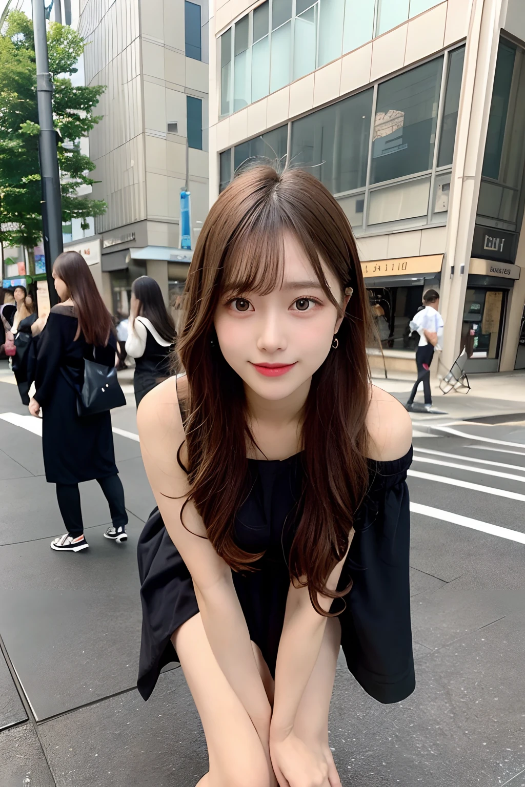 hight resolution, top-quality, Perfect dynamic composition, Beautiful detailed eyes, off shoulders、Radiant hair、Medium Hair, Natural Color Lip, college aged、Harajuku、A slight smil、Crouched figure、M-shaped legs