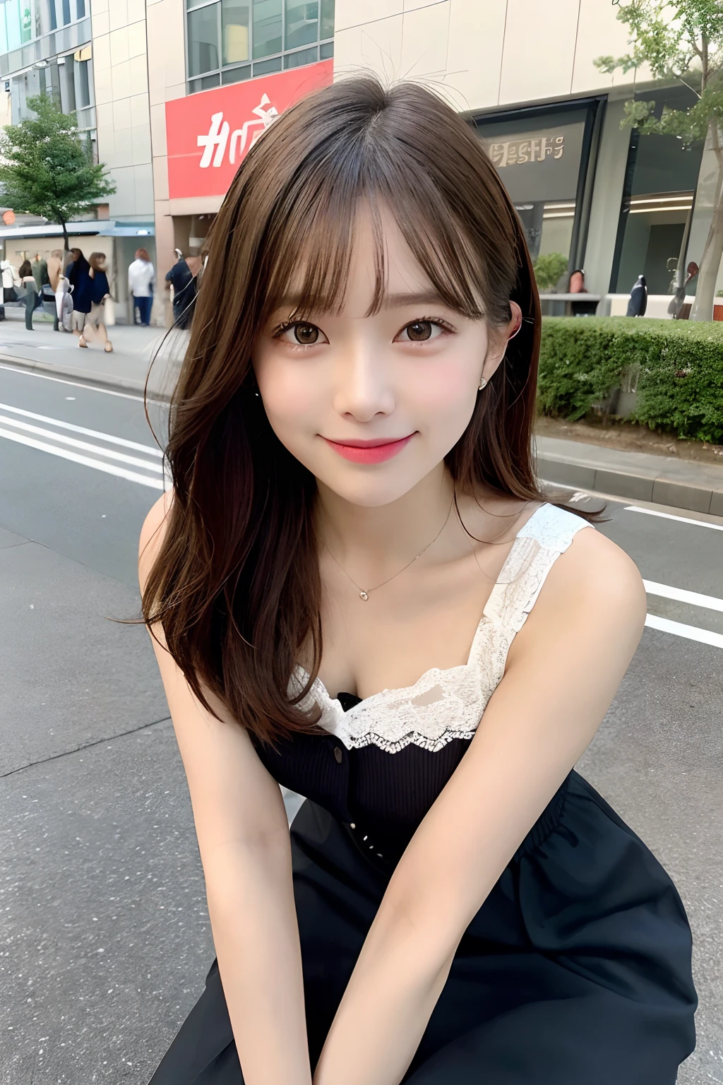 Woman posing on street corner in black dress、top-quality、女の子 1 a person、a baby face、tiny chest、flank、tag、发光、blur backgroun、bokeh dof、outside of house、(Street:0.8)、(a person々、Large crowds:1)、(lace-trimmed)doress:1.5、Sleeveless dress、Black clothes、Black dress:1.2、blackdress:1.5)、a gorgeous(Longhaire、Forehead:1.2)、Beautiful sky with details、耳环、(dynamicposes:1.2)、 (The upper part of the body:0.8)、Soft lighting、the wind、glowy skin、a smile、