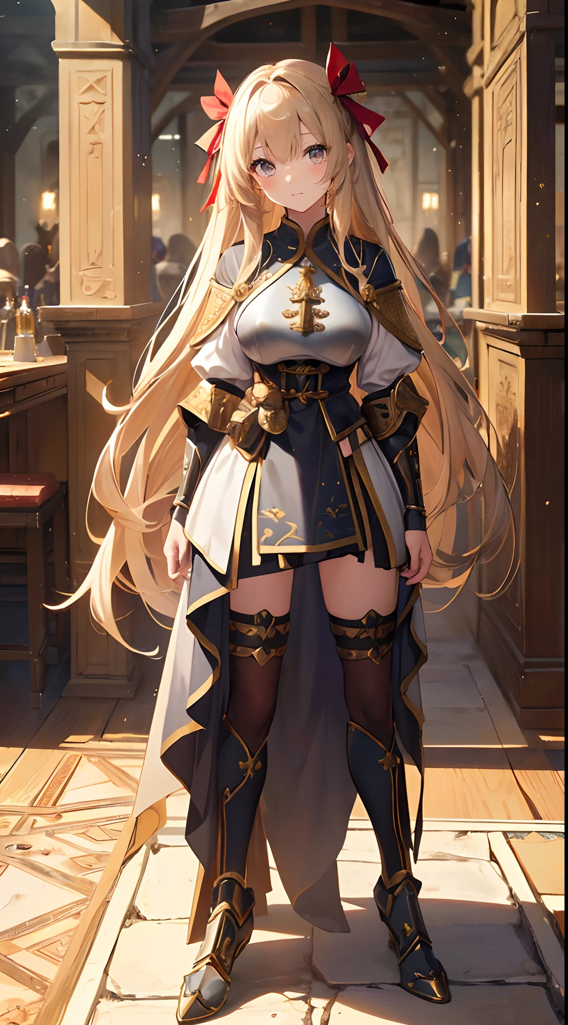 Solo,Absurd resolution、hight resolution、(masterpiece:1.4)、ultra-detailliert、(Detailed finger),(One girl)、Beautiful detailed girl、A detailed face、clear and beautiful, Character as the main point of view, Radiant skin, Girls, femele, 年轻, (Golden hair),((bionde:1.5)),((two side up:Red ribbons)),(Golden and beautiful hair),(grey eyes),kawaii、beautiful countenance、beautidful eyes,((Knights))、Fantasy costume,Original Character,((Wearing armor)),((Costumes of medieval Europe)),(breastsout:1.1) (thighs thighs thighs thighs:0.4),(Facing:1.2),(Full body portrait),(Standing:1.3),(shoes on),Simple background、((white backgrounid)), Female Warrior