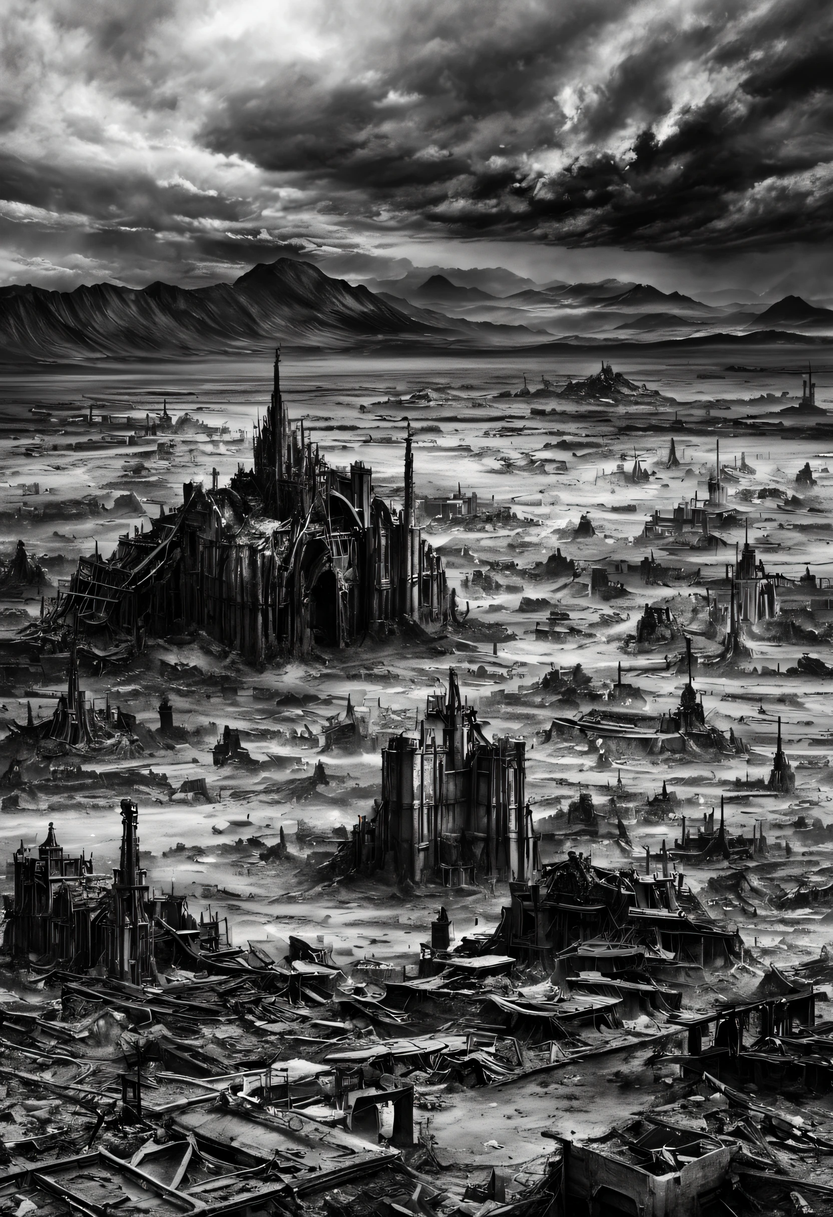 # Mind Map: Desolate Post-Apocalyptic Landscape
## Description
## Elements
- Desolate landscape
- Crumbling cities
- Scorched earth
- Foreboding sky
- Ruins of human civilization
- Nature reclaiming the land
- Subtle details hinting at causes
- Sense of despair
- Glimmer of hope or resilience
## Causes of the Apocalypse
- Environmental disaster
- War
- Catastrophic event from space
## Emotions
- Fear
- Awe
- Contemplation
- Fragility of our world
- Consequences of our actions