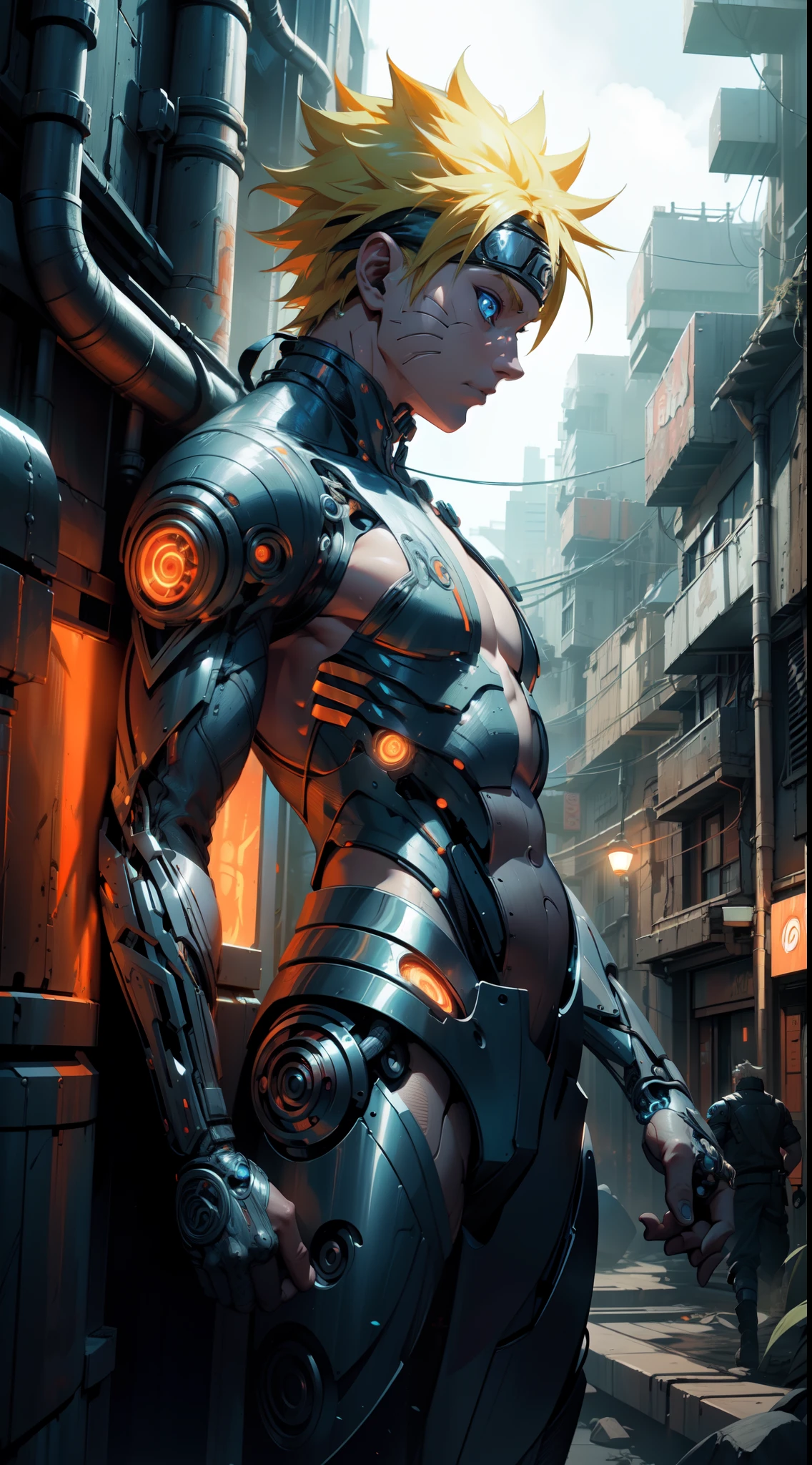 Masterpiece, Naruto cyborg mode, full mechanical body, intricate details, advanced technology, Orange lightning, detailed armor, bionic enhancements, neon lights, vivid colors, contrasting shadows, Blue eyes, urban setting, nighttime backdrop, high contrast lighting, bold lines, blurring effects, ultra-realistic, 4k resolution