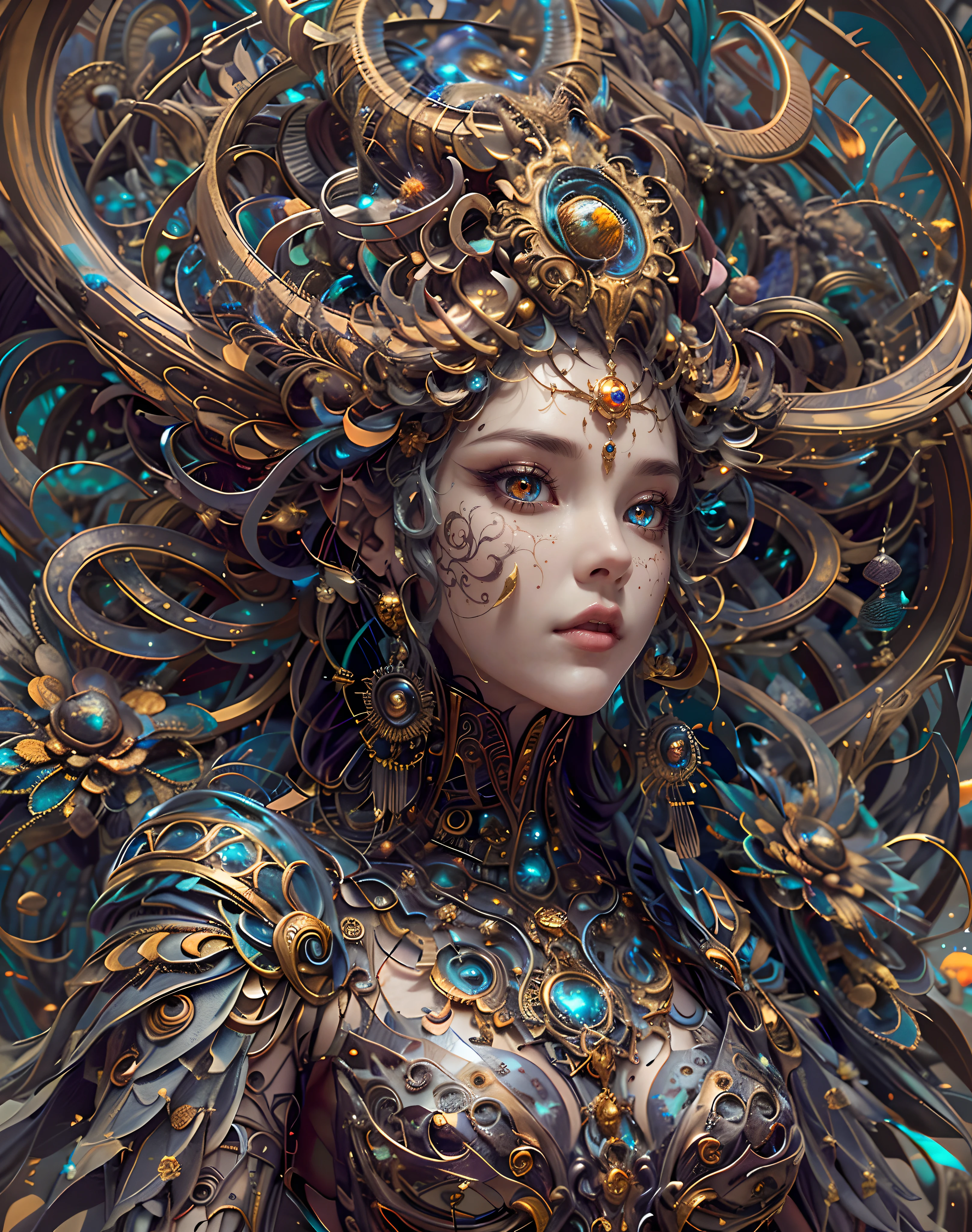(best qualtiy,ultra - detailed,Most Best Illustration,Best shadow,tmasterpiece,A high resolution,professionalartwork,famousartwork),Detailed eyes,beautidful eyes,closeup cleavage,sci-fy,colored sclera,Orange Eye color, Robot eyes,face markings,Tattooed with,(fractalized,Fractal eyes),largeeyes,Wide eyes,(Eye focus),sface focus,Cosmic eyes,Space eyes,Close-up of metal sculpture of a woman with a moon in her hair,goddes。extremly high detail,3 d goddess portrait,Extremely detailed footage of the goddess,a stunning portrait of a goddess,Side image of the goddess,portrait of a beautiful goddess,Full body close-up portrait of the goddess,hecate goddess,portrait of a norse moon goddess,goddess of space and time,
