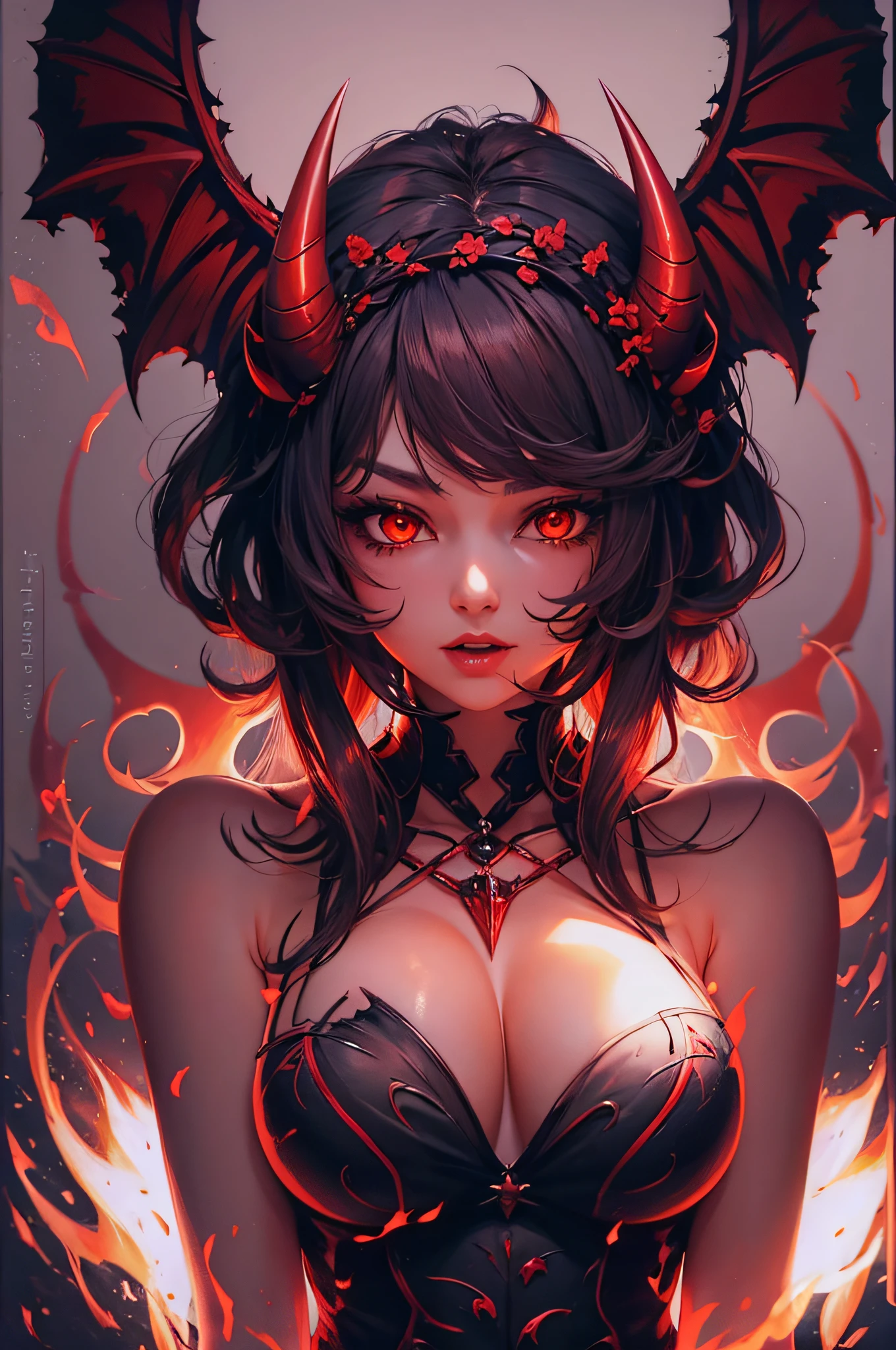 detailed, soft shadows, high resolution, stunning, beautiful, anime woman, bust, devil horns, devil wings, red, evil, fire