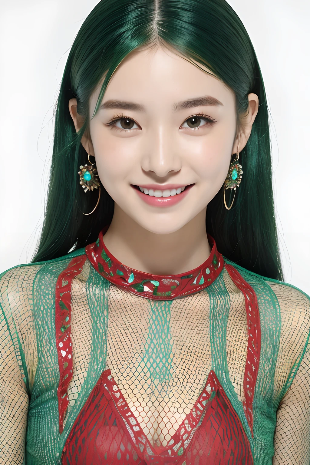 (extra detailed body、extra detailed face、best qualtiy:1.2)、femele、looking at the viewers、(Green and blue and red mesh hair color、a smile)、(Image without kaleidoscope in background)